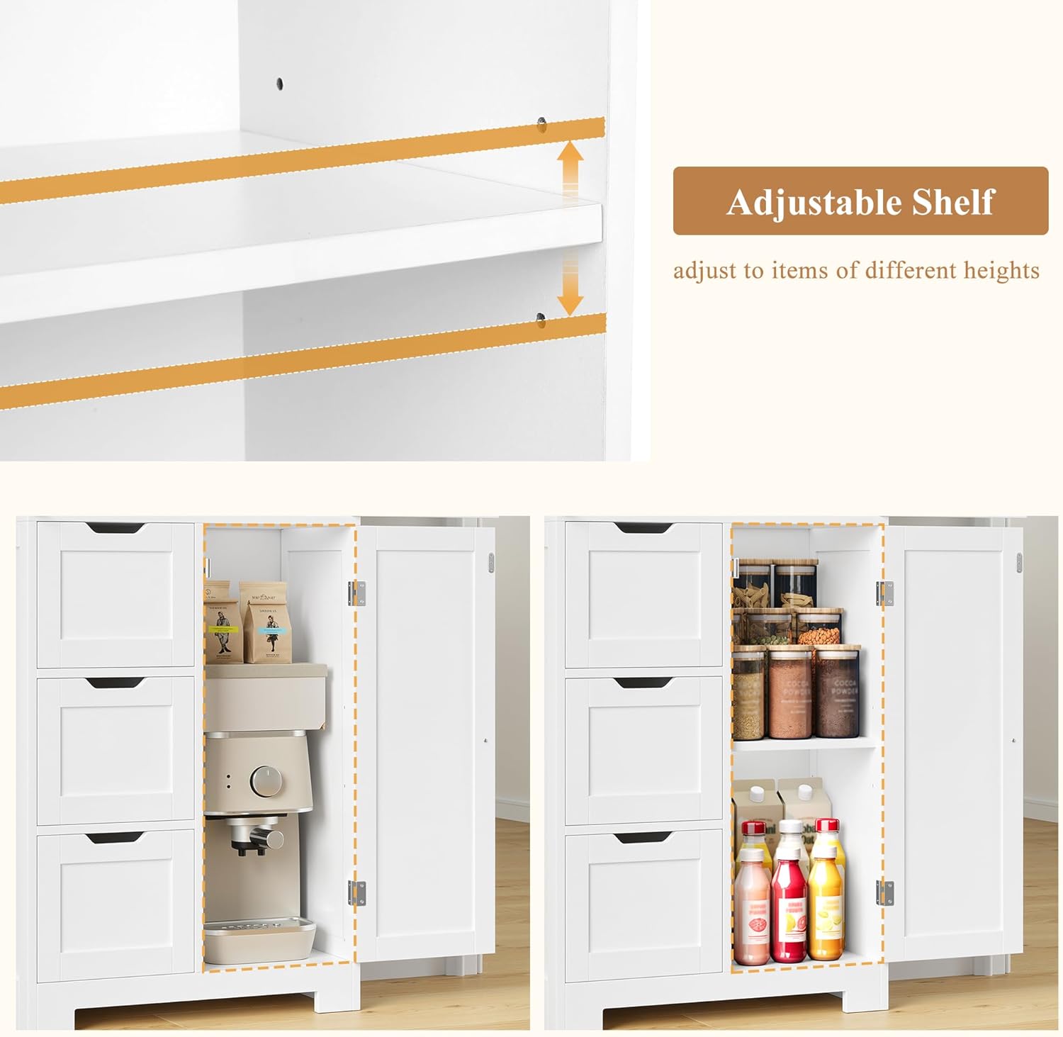 Tall Storage Cabinet White 3 Door 3 Drawer Shelf Unit