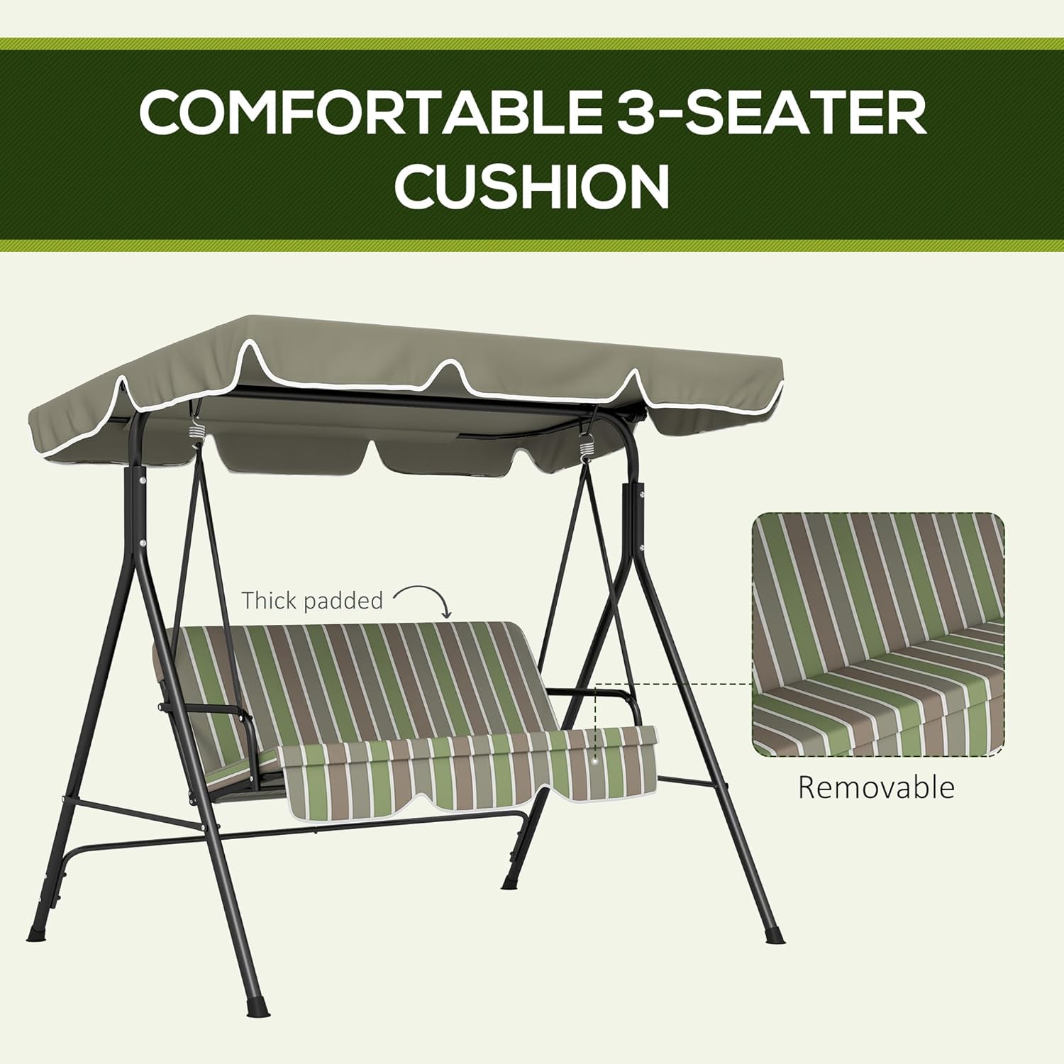3 Seater Garden Swing Chair with Canopy Green Grey