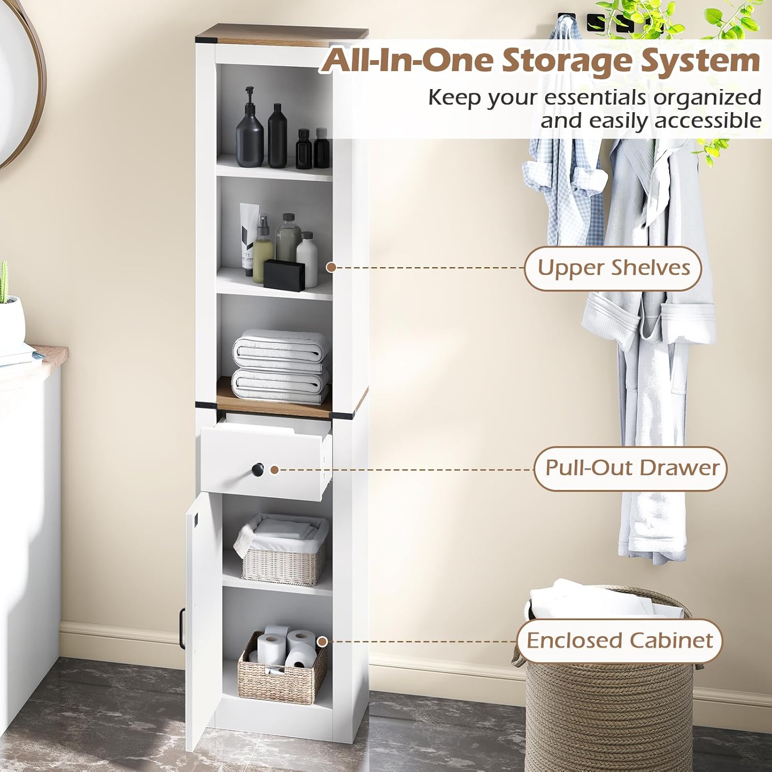 Farmhouse Slim Bathroom Tall Cabinet Barn Door Drawer Shelf Unit
