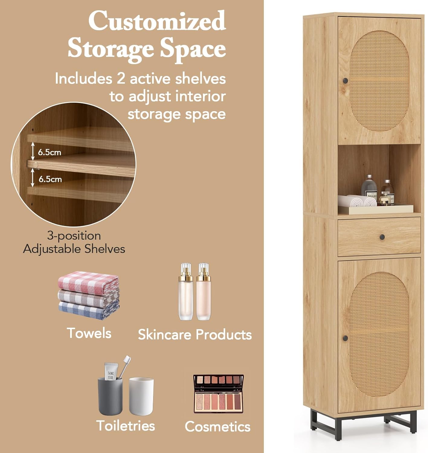 Tall Slim Storage Cabinet Natural Rattan Door Drawer Unit