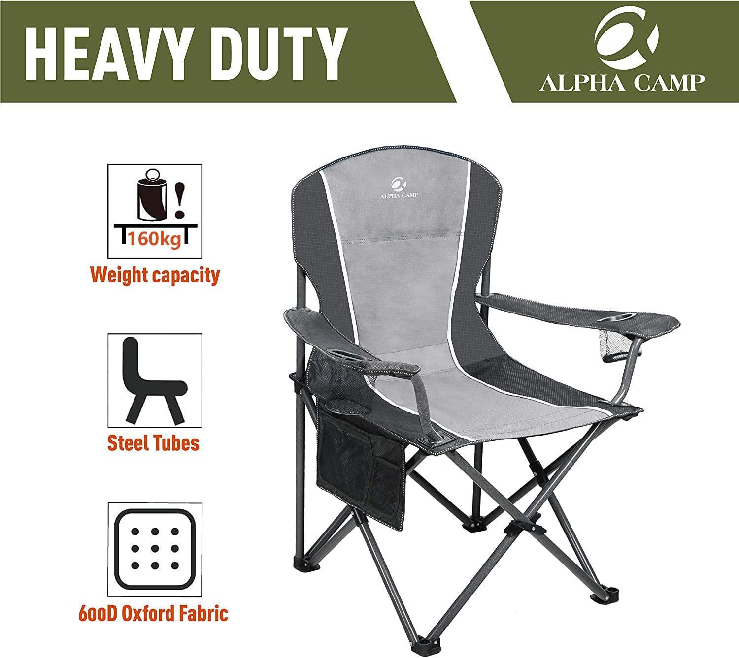 Oversized Camping Chair 160kg Heavy Duty Black Grey