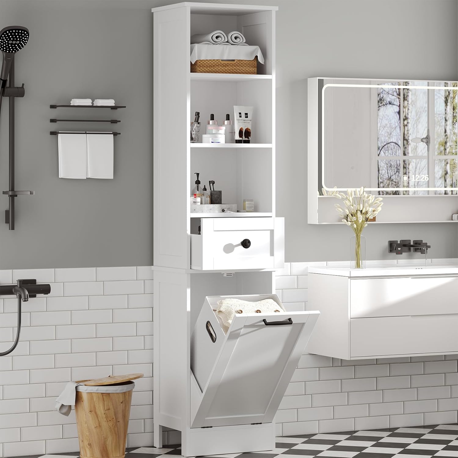 Tall Bathroom Cabinet Laundry Hamper Drawer Shelves White 170cm