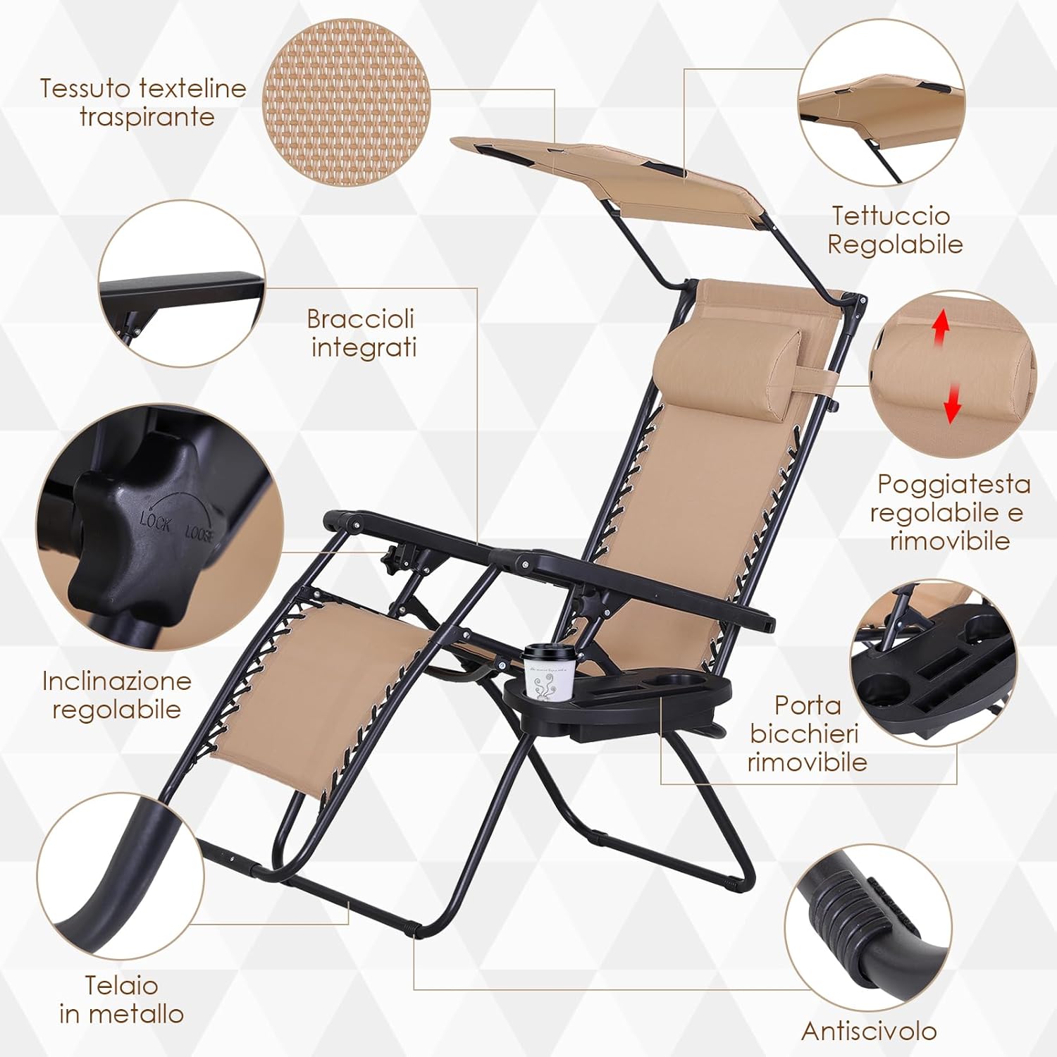 Zero Gravity Sun Lounger Chair Foldable with Canopy Beige