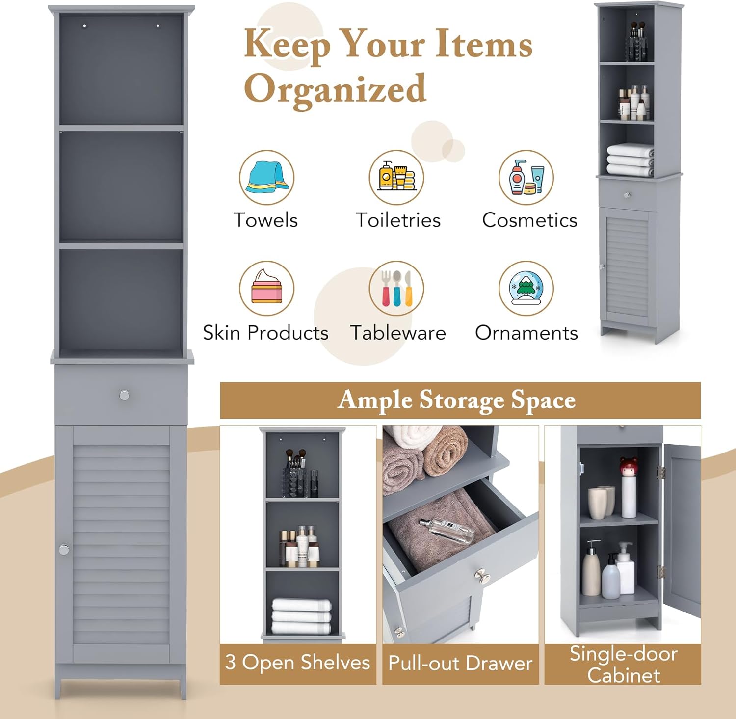 Slim Bathroom Tall Cabinet Drawer Door Shelf Unit Grey