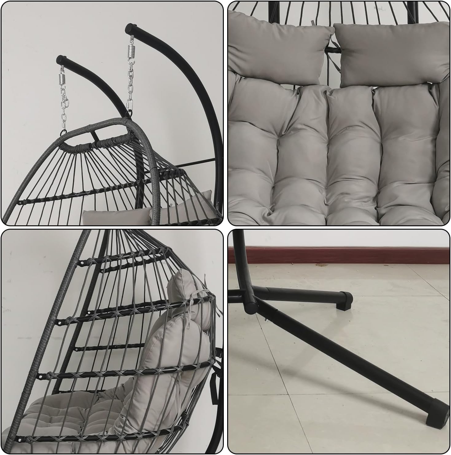 Double Egg Chair Swing Light Grey Rattan Stand Cushions