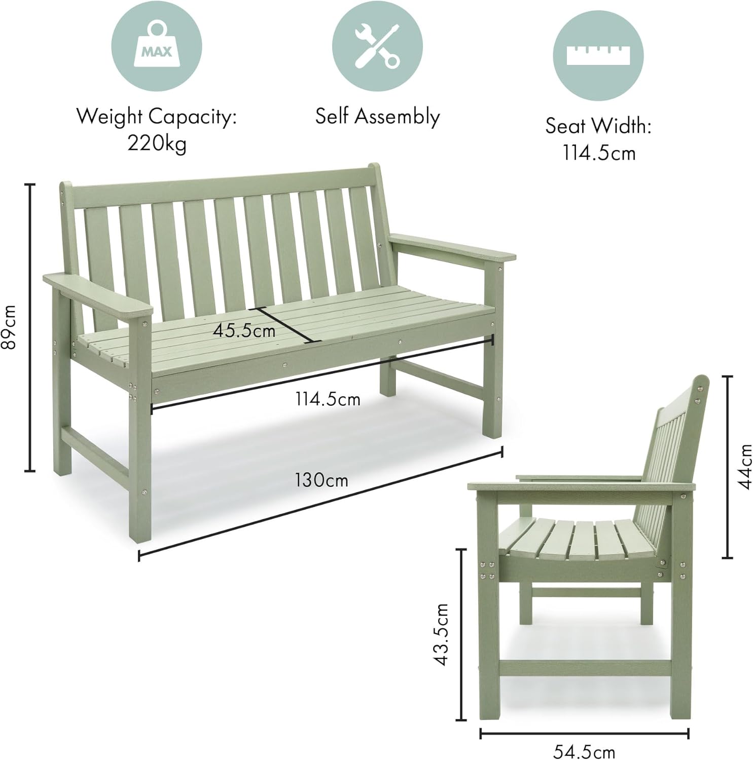 Sage Green Garden Bench 2 Seater HDPE Outdoor Patio Seat Slatted