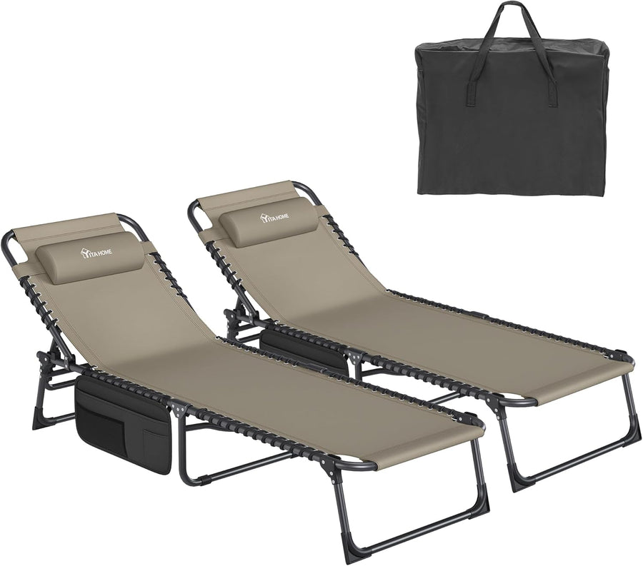 Set of 2 Folding Sun Loungers Khaki 4 Position
