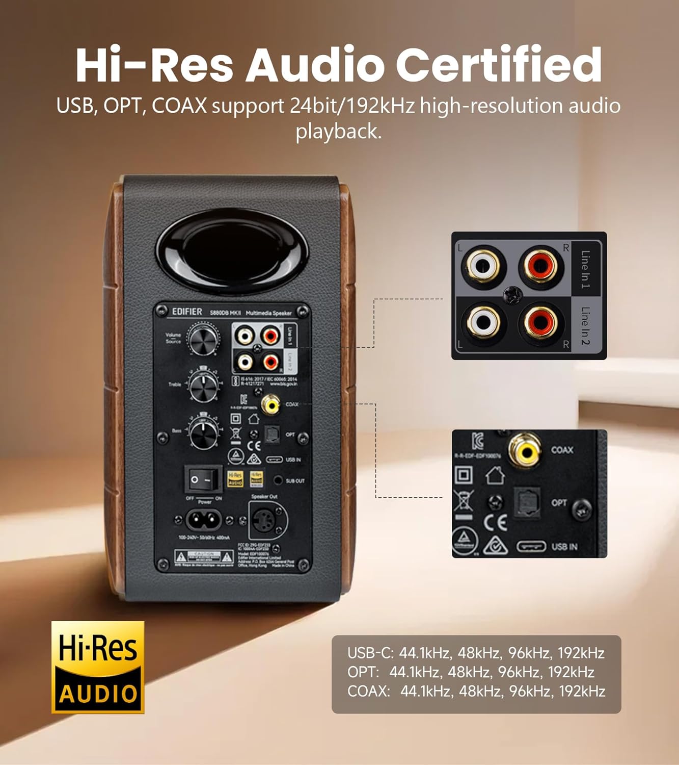 Hi Res Bookshelf Speakers 88W Bluetooth LDAC USB C Optical RCA