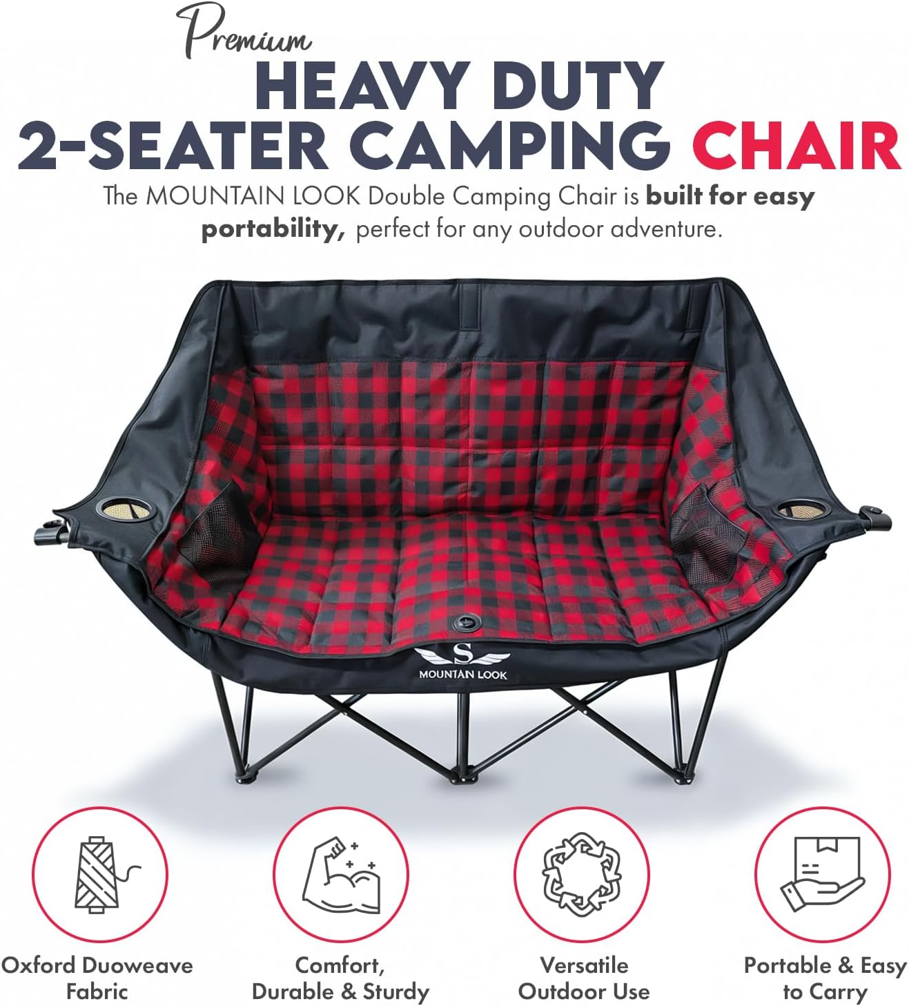 Double Folding Camping Chair 300kg 2 Seater Padded Sofa