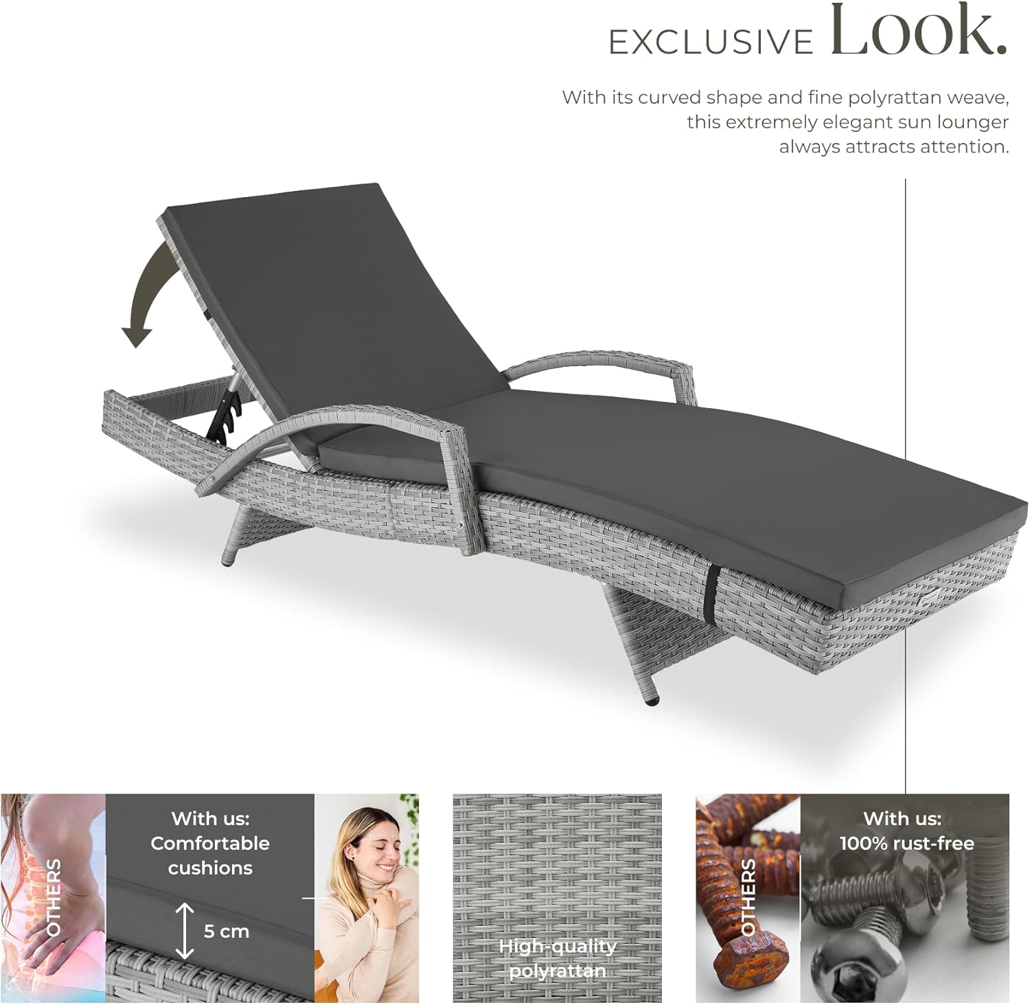 Rattan Sun Lounger 5 Position Recliner Cushion Light Grey