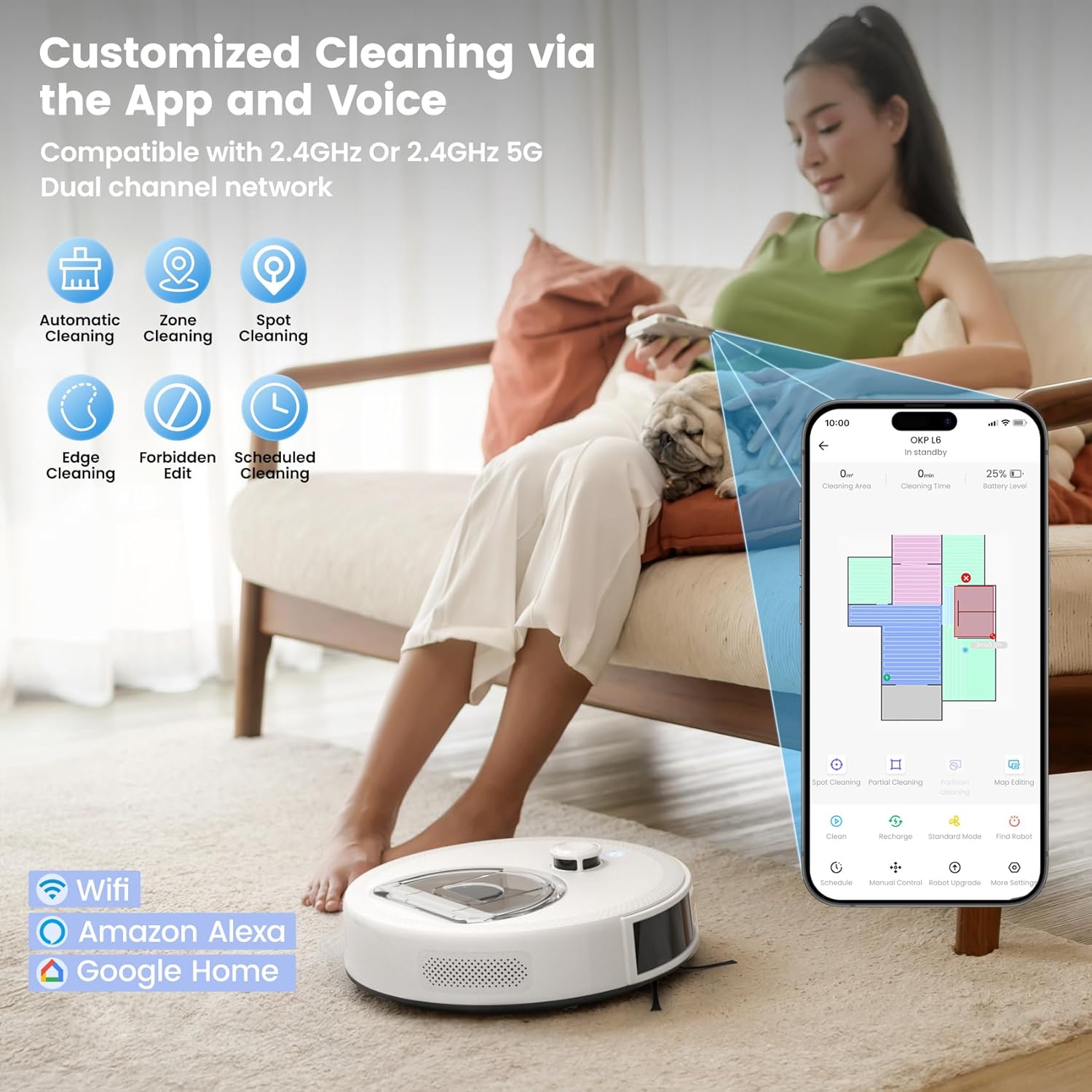 Robot Vacuum Mop 6000Pa Suction LiDAR Mapping WiFi App Alexa White