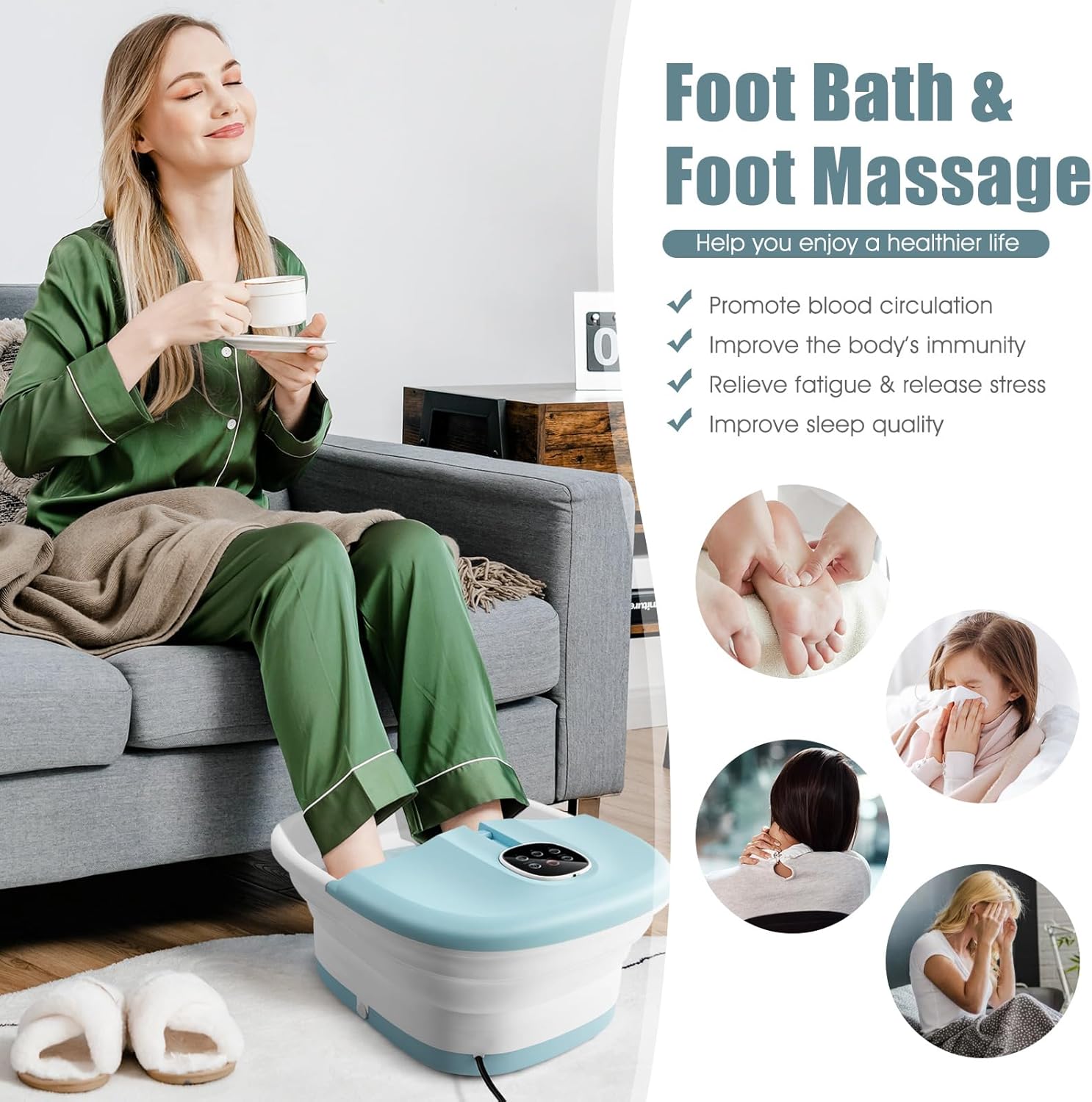 Electric Foot Spa Massager Foldable Heated Bubble Roller Remote