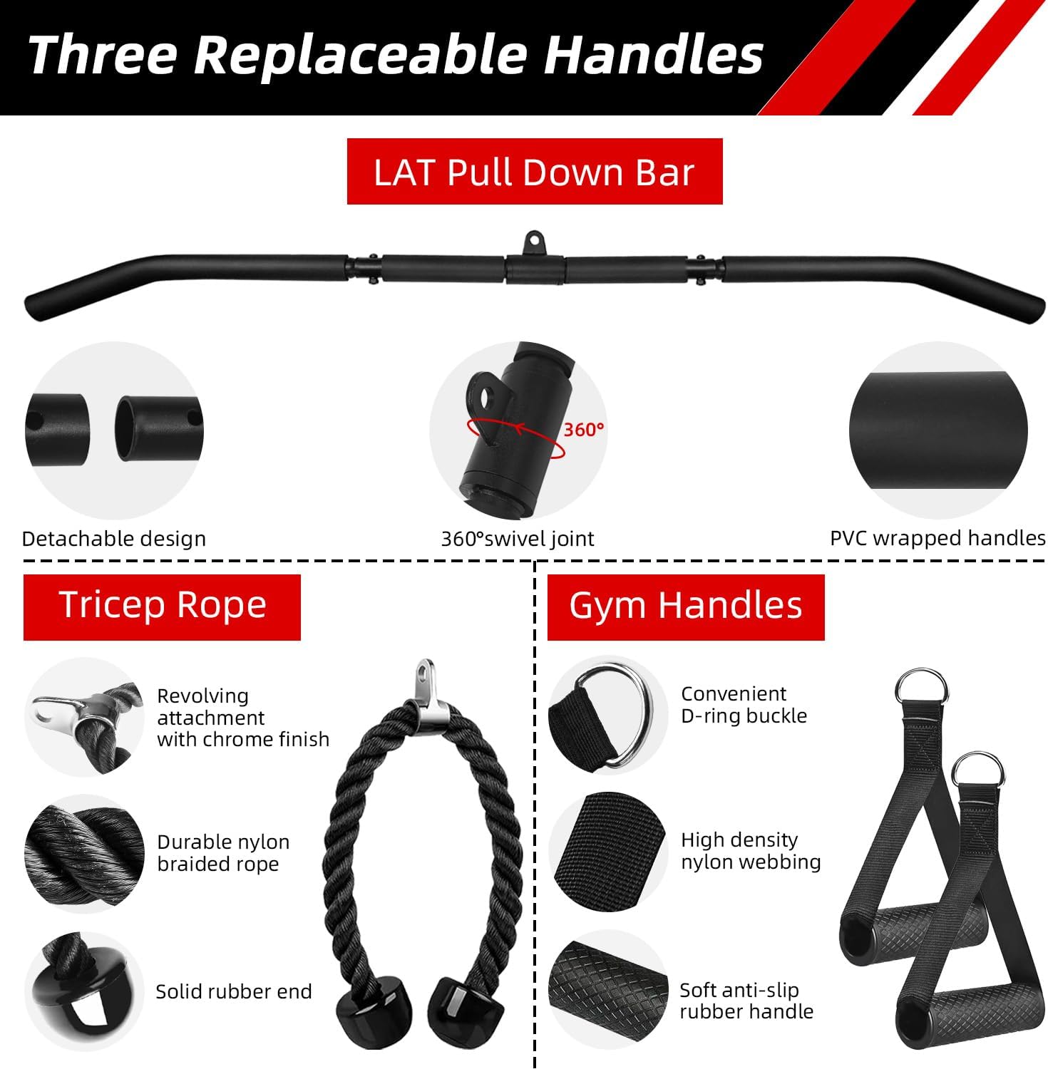 Home Gym Cable Pulley System LAT Pulldown Trainer w/ 3 Handles 150kg