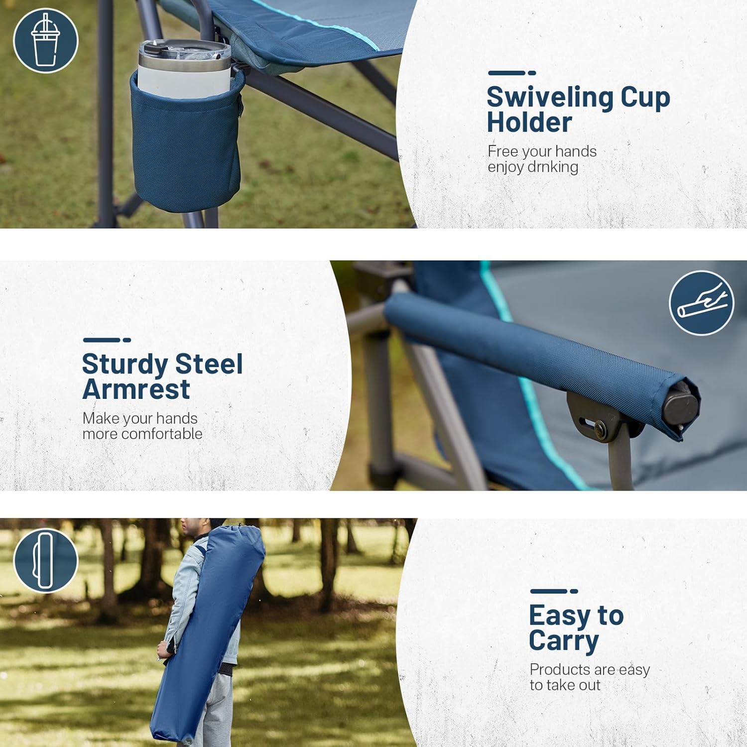 Oversized Camping Chair with Lumbar Support Cooler Pocket Blue