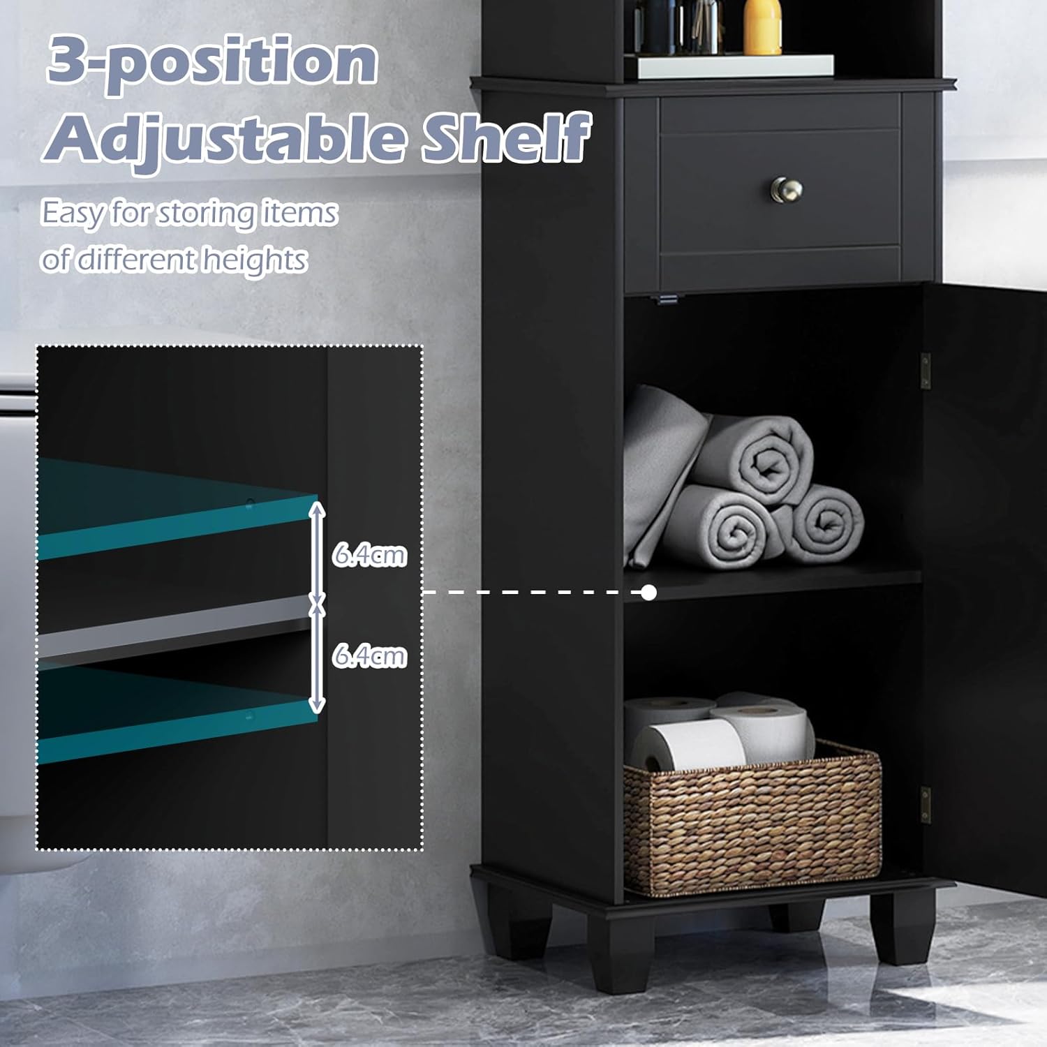 Tall Bathroom Cabinet Black Shelf Drawer Door Unit