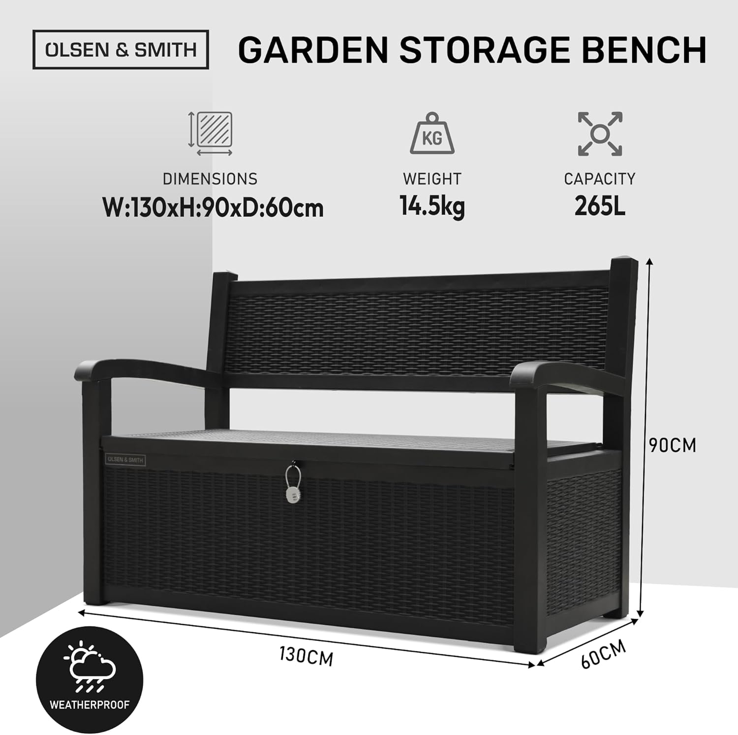 265L Outdoor Garden Storage Bench Box Lockable Rattan Effect Seat