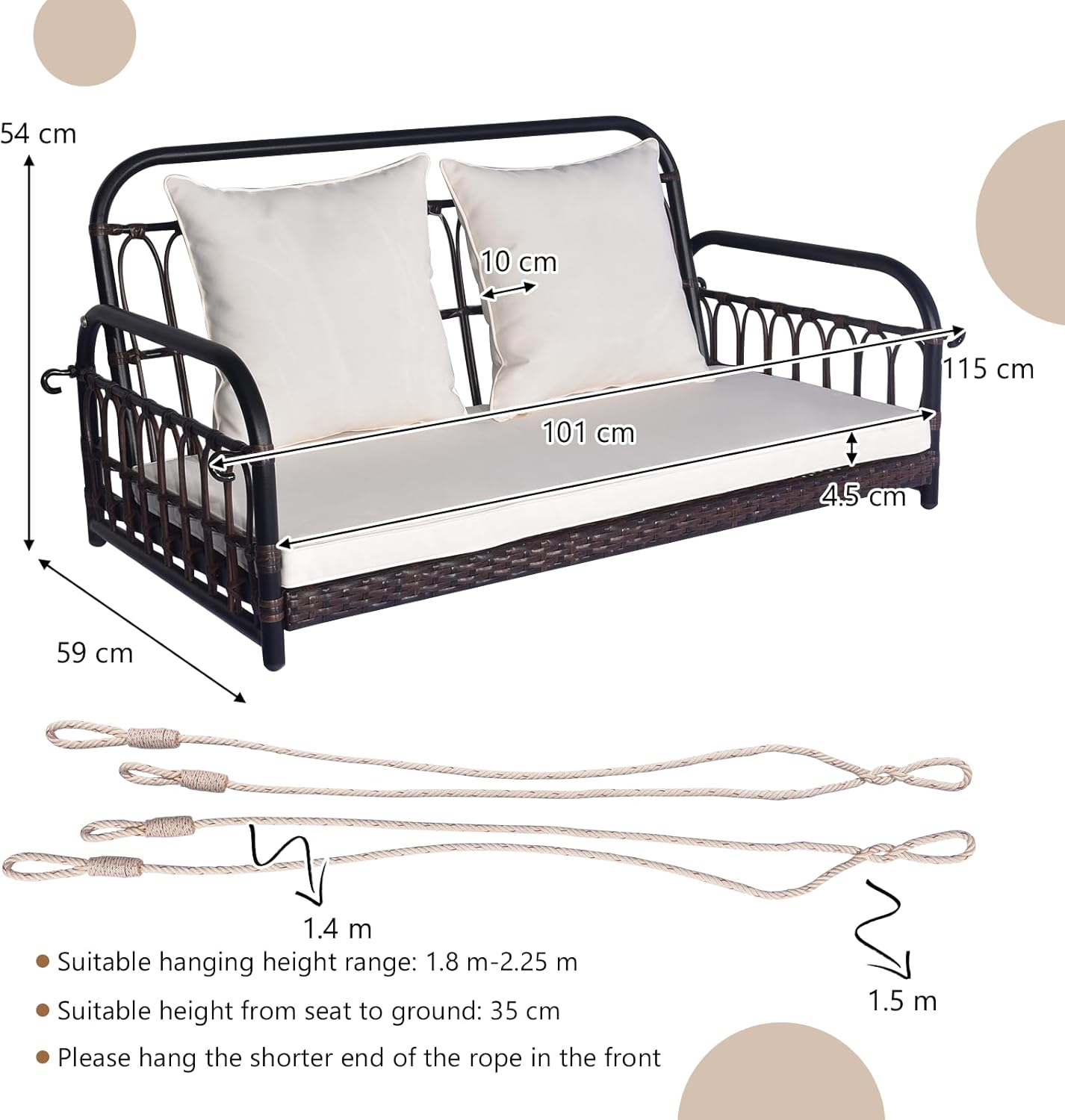 2 Seater Rattan Hanging Swing Bench Cushion Pillows