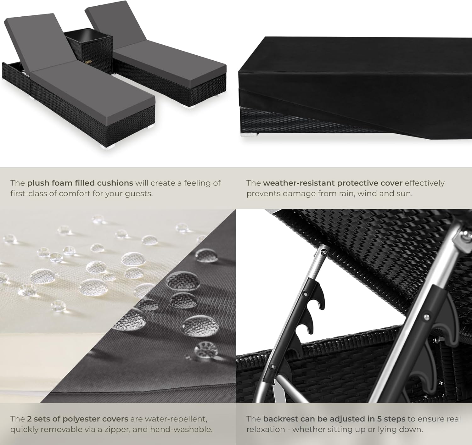 3 Piece Rattan Sun Lounger Set Recliners Table Black