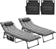 Set of 2 Folding Sun Loungers Reclining Beds Grey