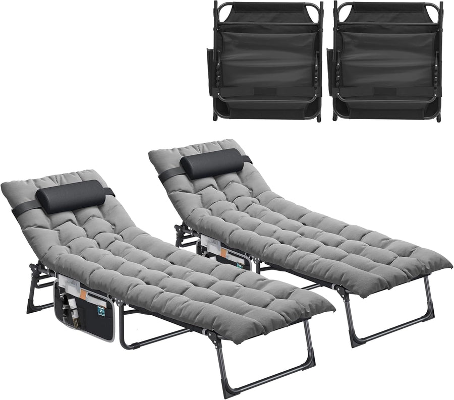 Set of 2 Folding Sun Loungers Reclining Beds Grey