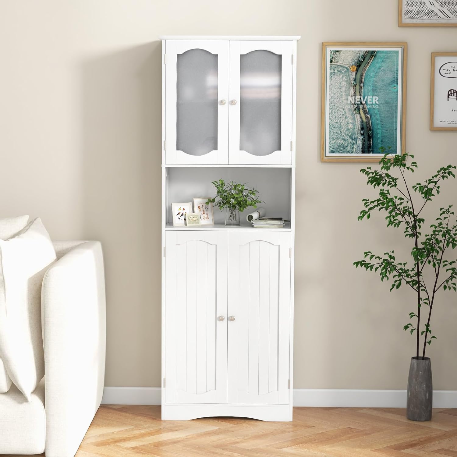 Tall Bathroom Storage Cabinet Glass Door Shelf Unit White