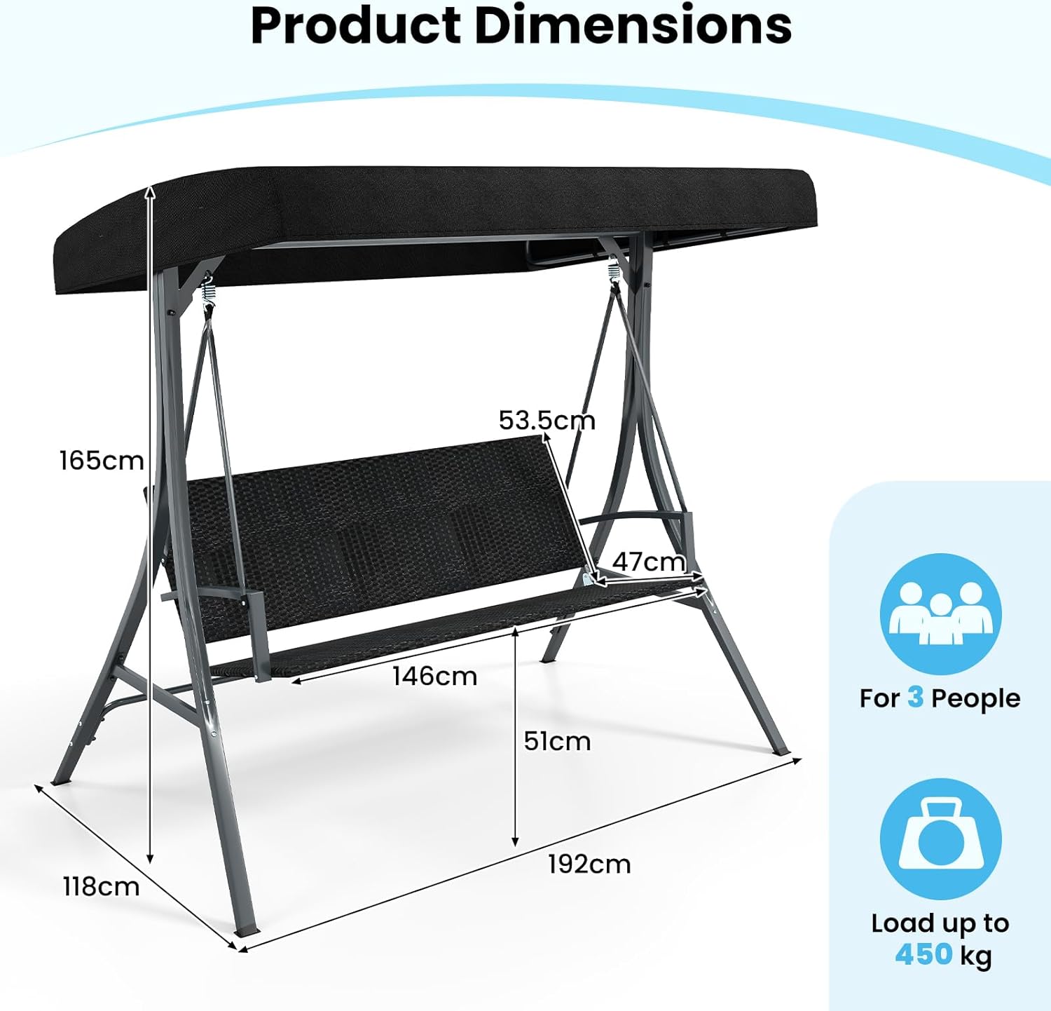 3 Seater Garden Swing Chair Rattan Canopy Bench Black