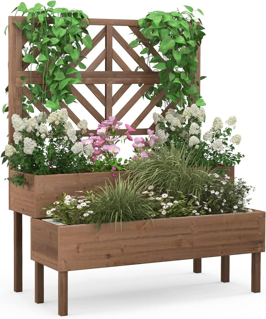 2 Tier Raised Garden Bed with Trellis Wooden Planter 135cm