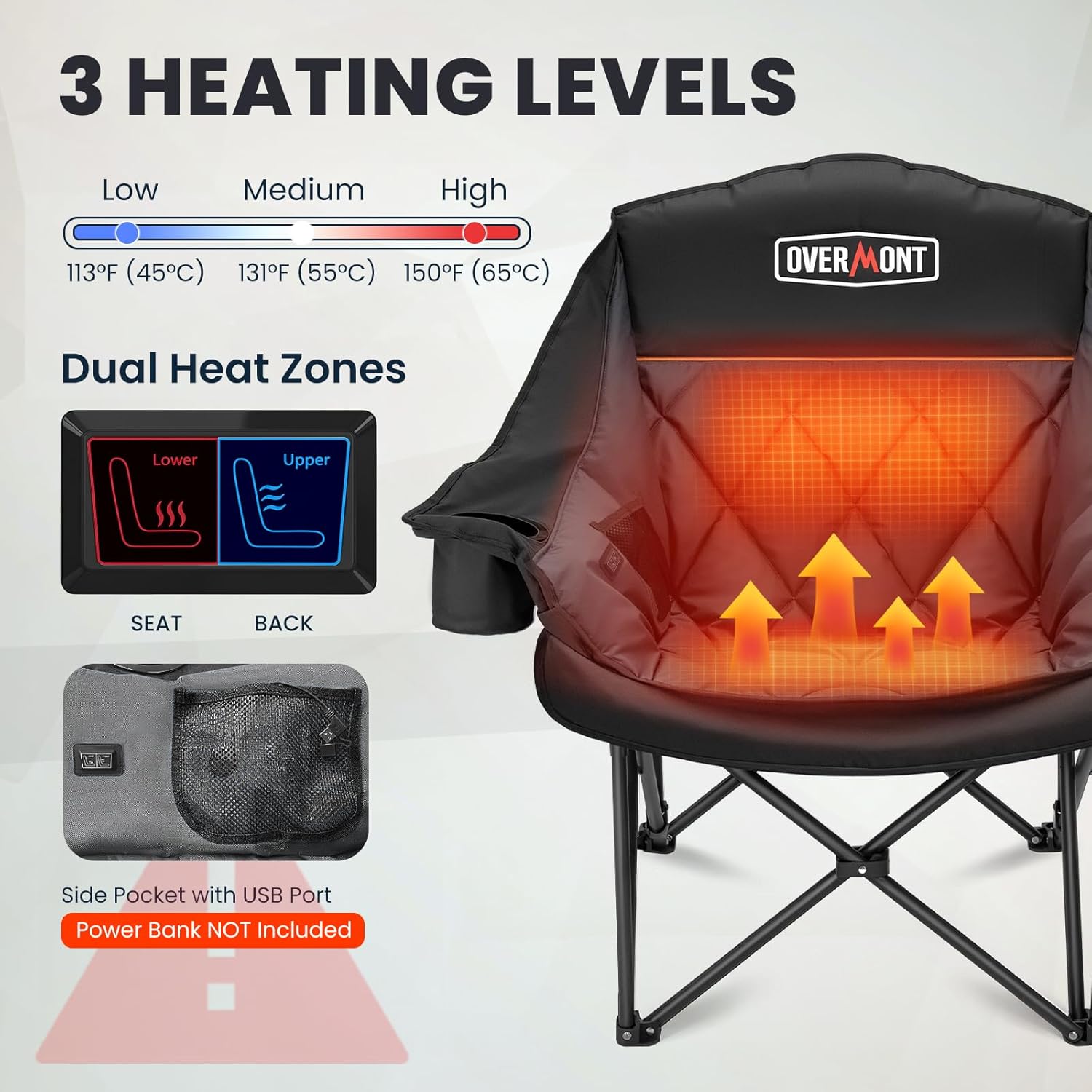 Heated XL Camping Chair 400lb Oversized Padded Black