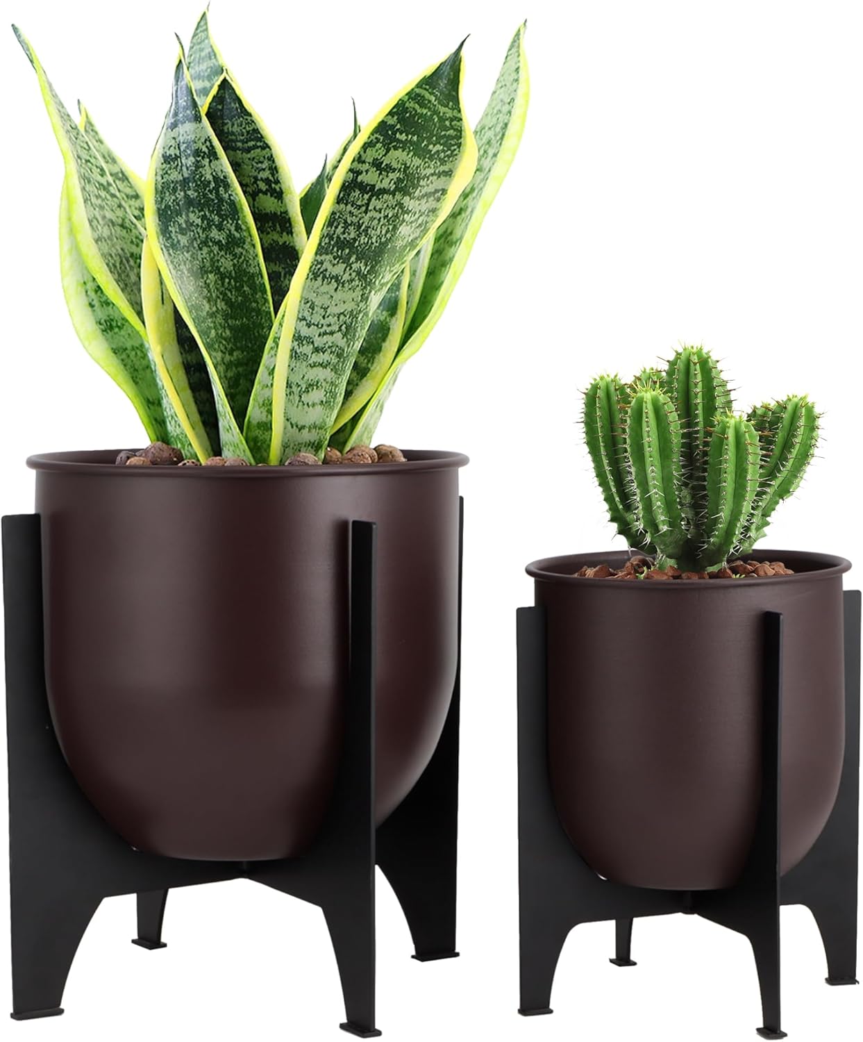 Metal Planters with Stand Set of 2 Brown Indoor Outdoor Pots