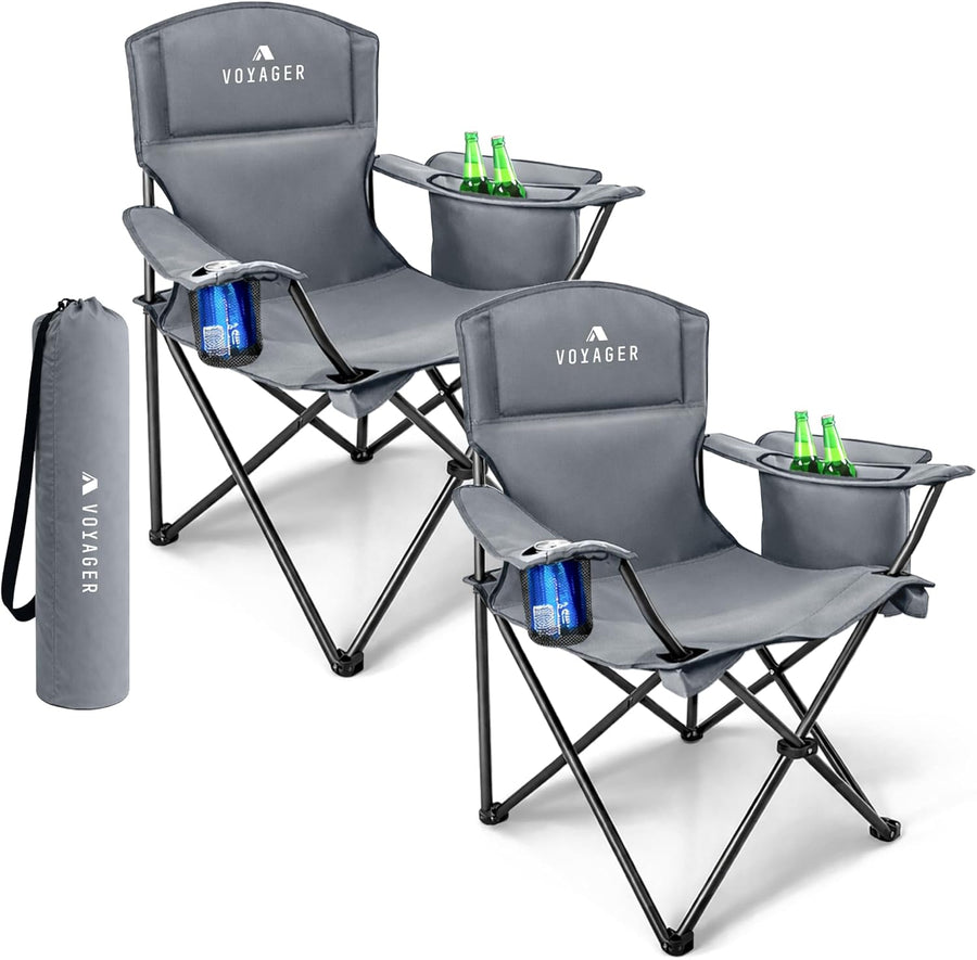 Folding Camping Chairs 2 Pack Cooler Bag Grey Portable