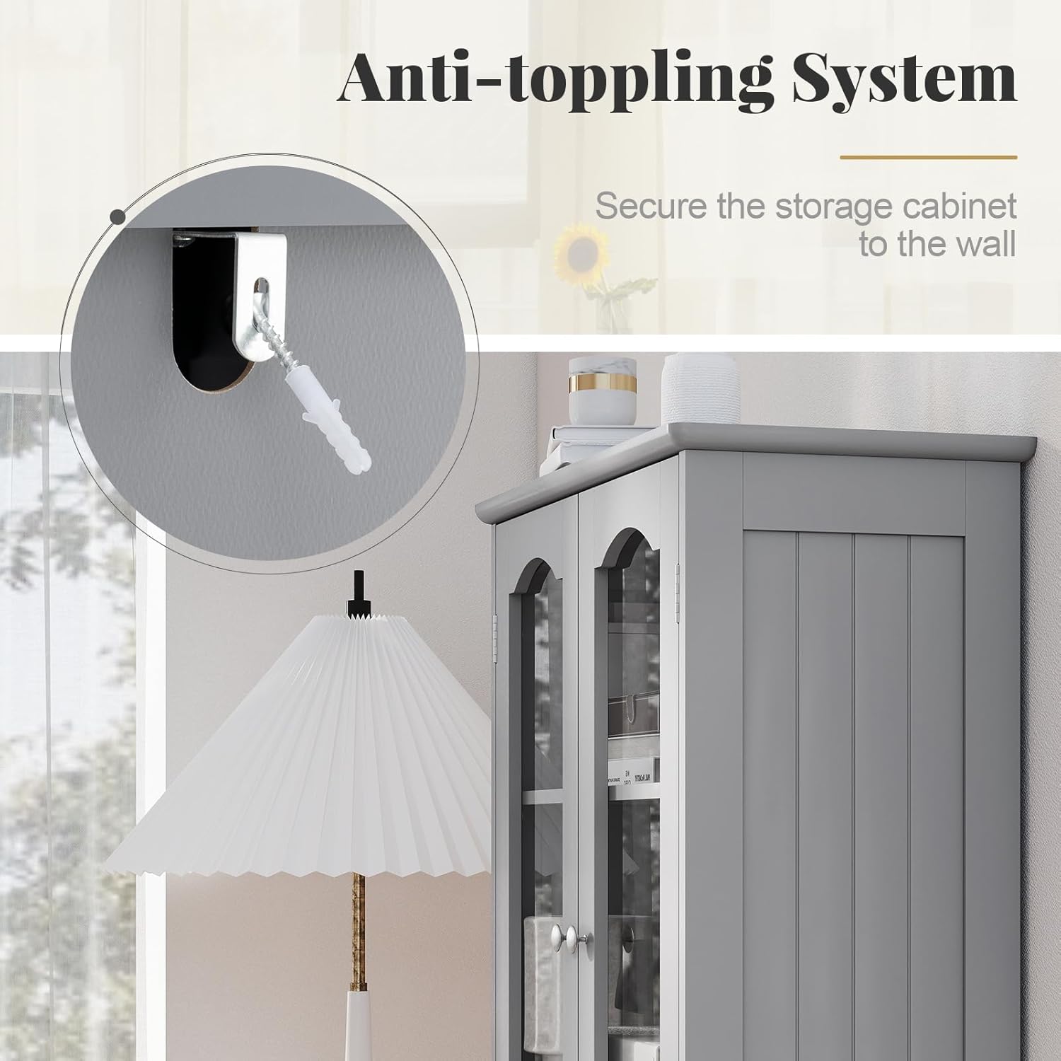 Tall Bathroom Cabinet Glass Door Drawer Shelf Unit Grey