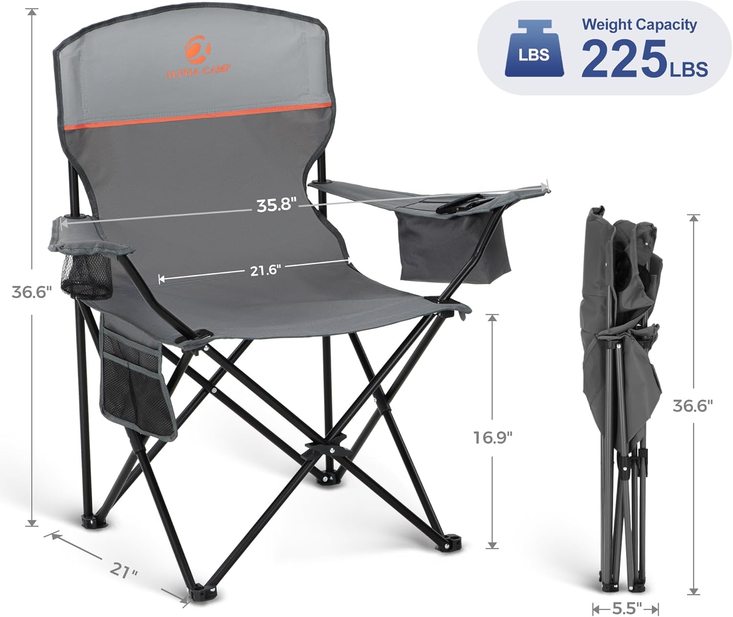 Set of 2 Folding Camping Chairs Cooler Bag Grey