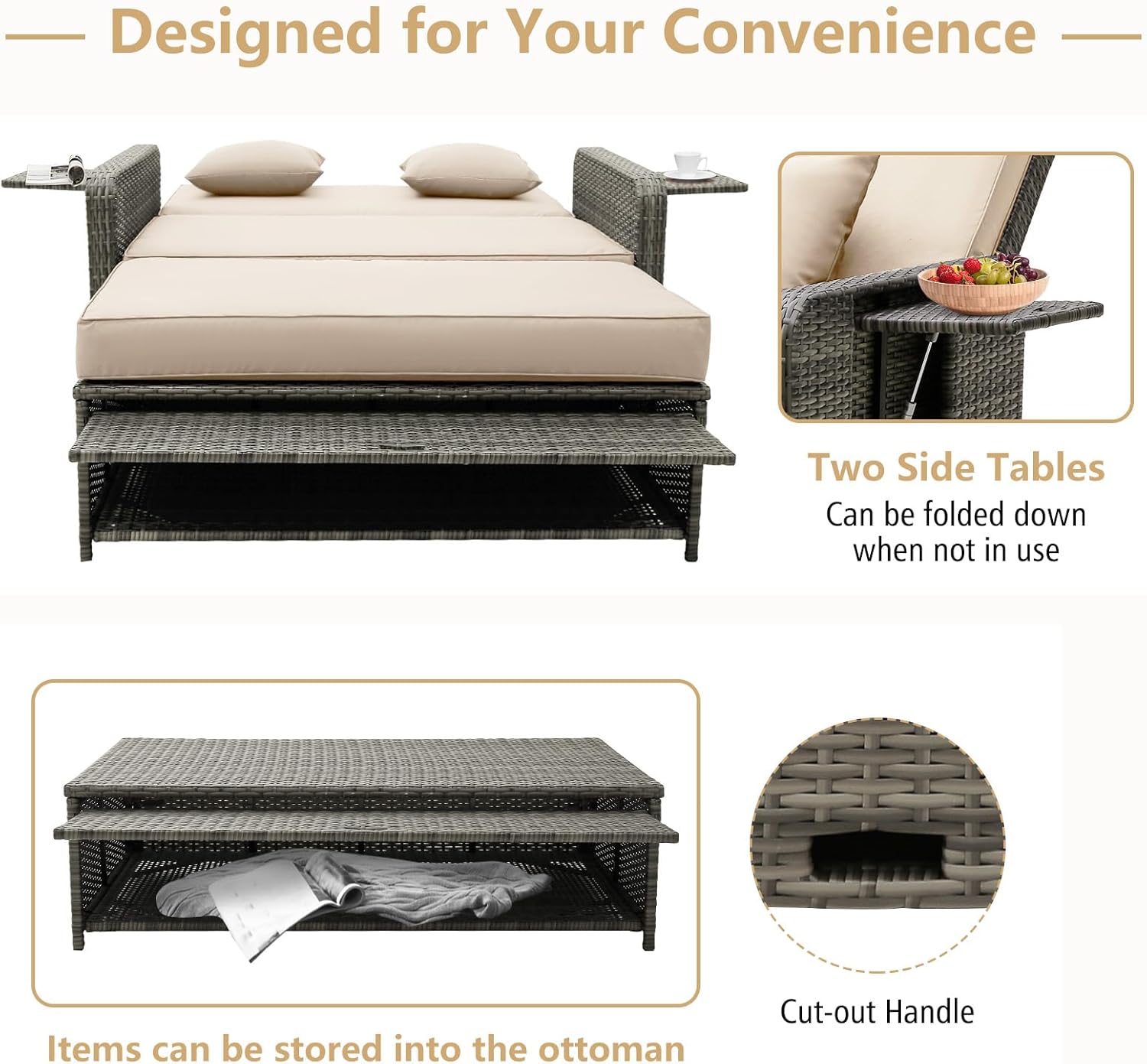Patio Wicker Daybed Sun Lounger Sofa Storage Ottoman Beige Grey