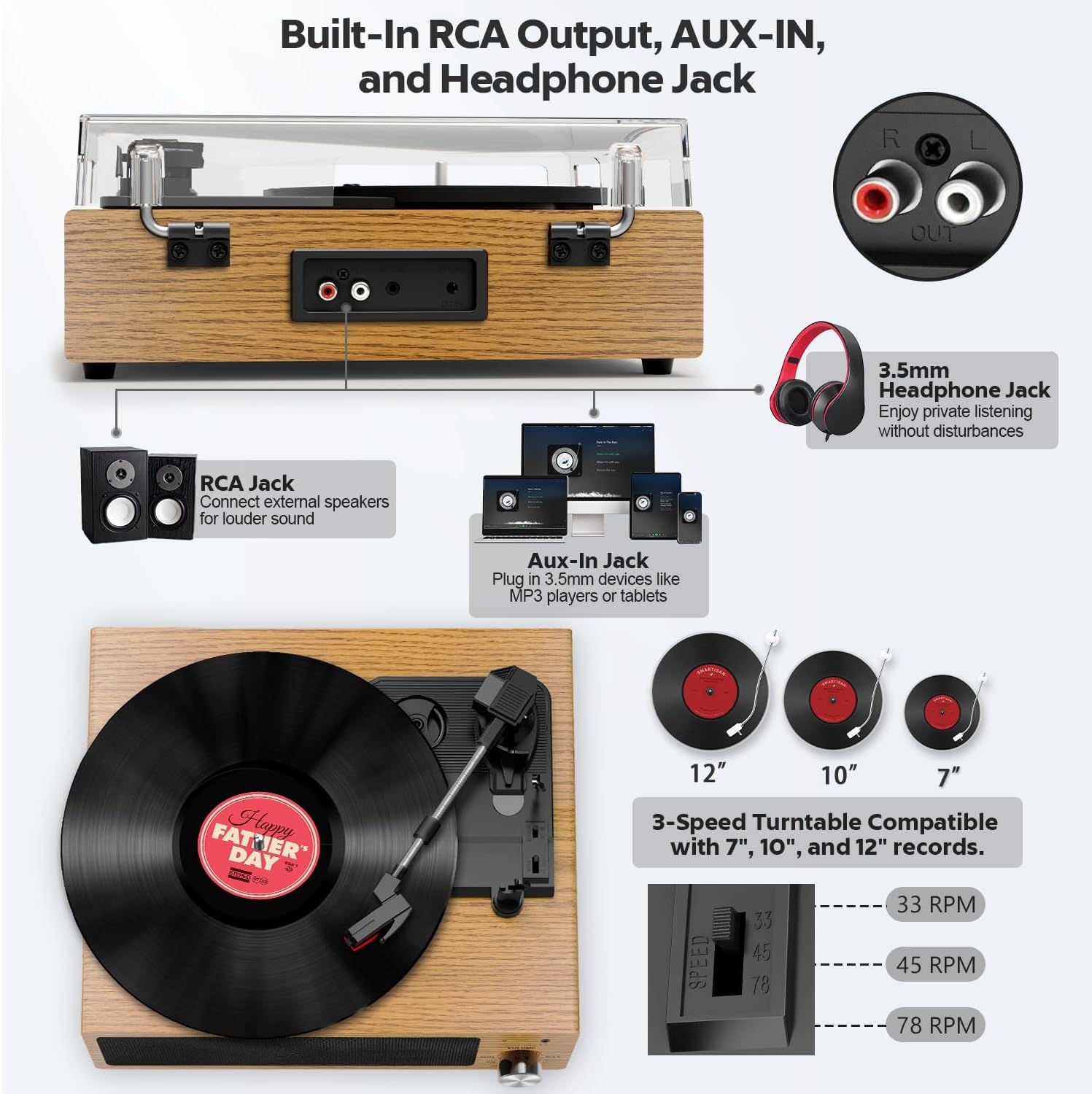 3-Speed Vinyl Turntable with Bluetooth, Built-in Speakers & RCA Output