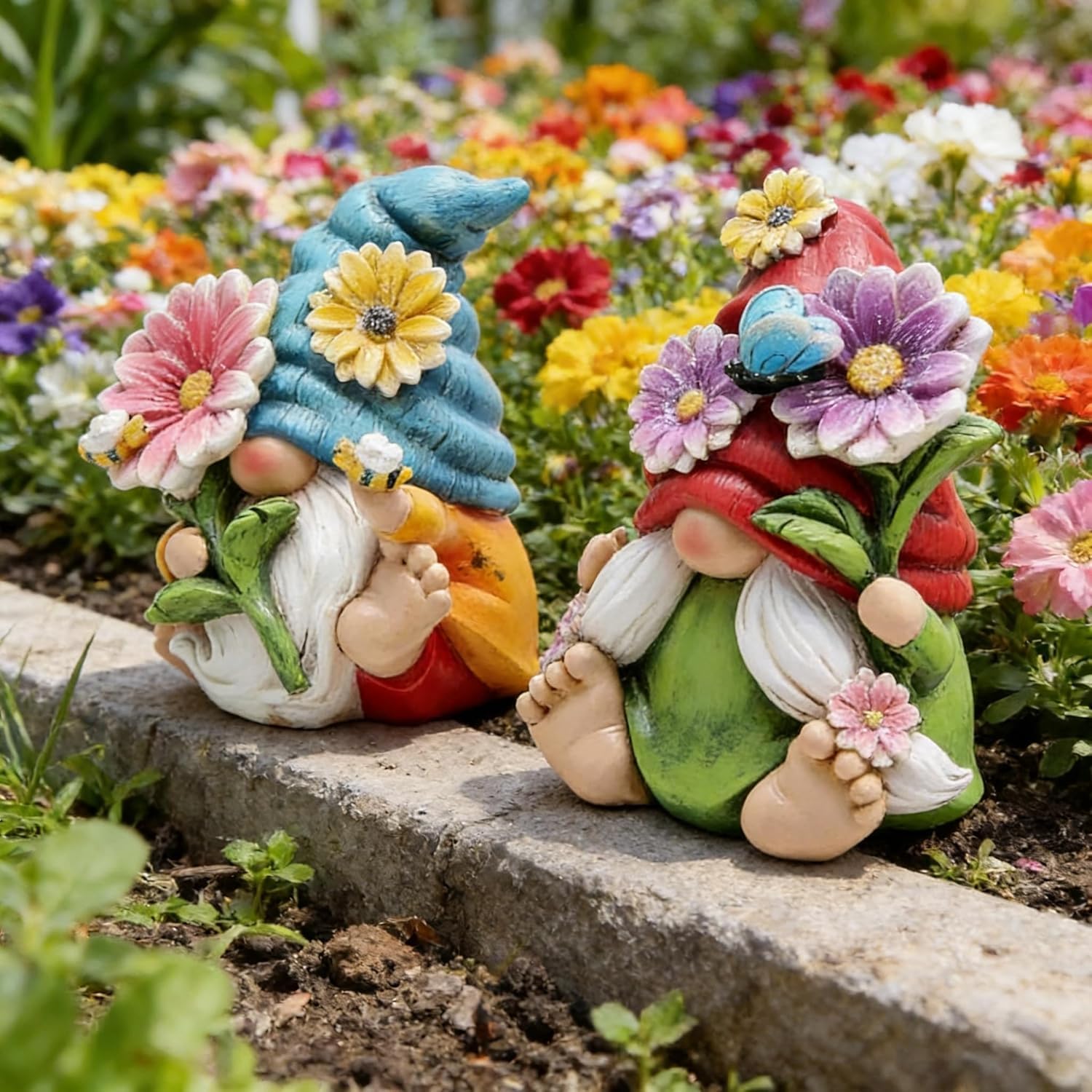2PCS Spring Flower Gnome Figurines Easter Decor Resin Shelf Ornaments