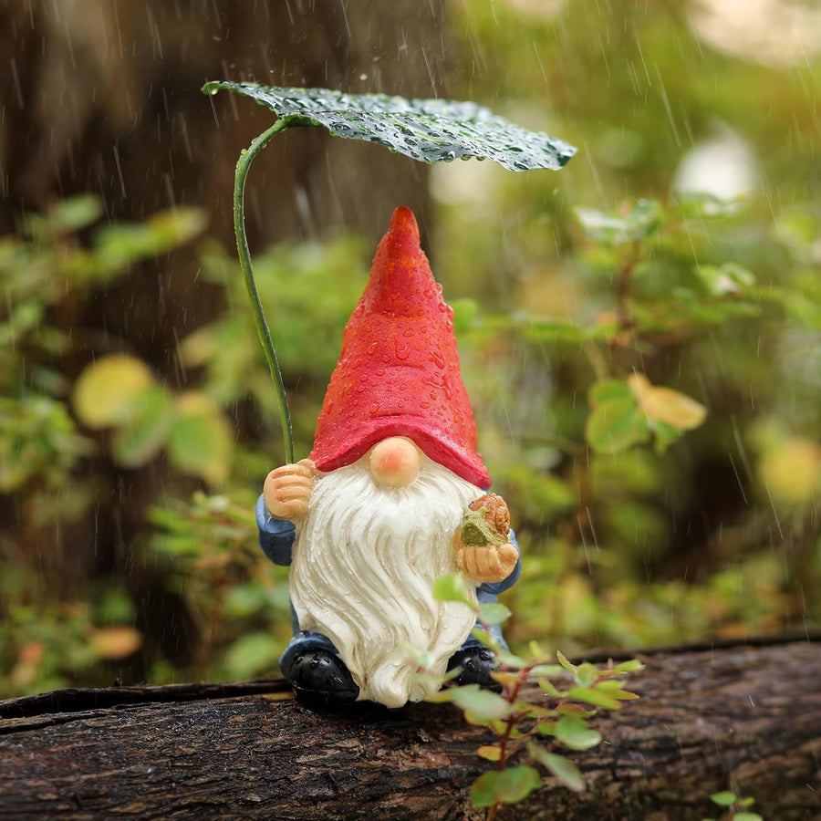 Garden Gnome Statue Leaf Umbrella Figurine Outdoor Patio Yard Decor