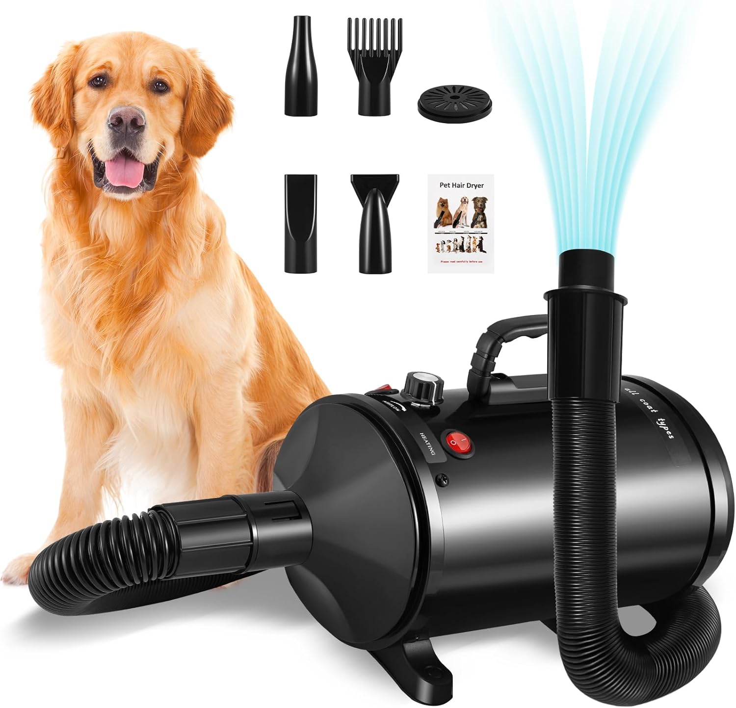 Professional Dog Hair Dryer 3200W Pet Blaster 4 Nozzles Quiet