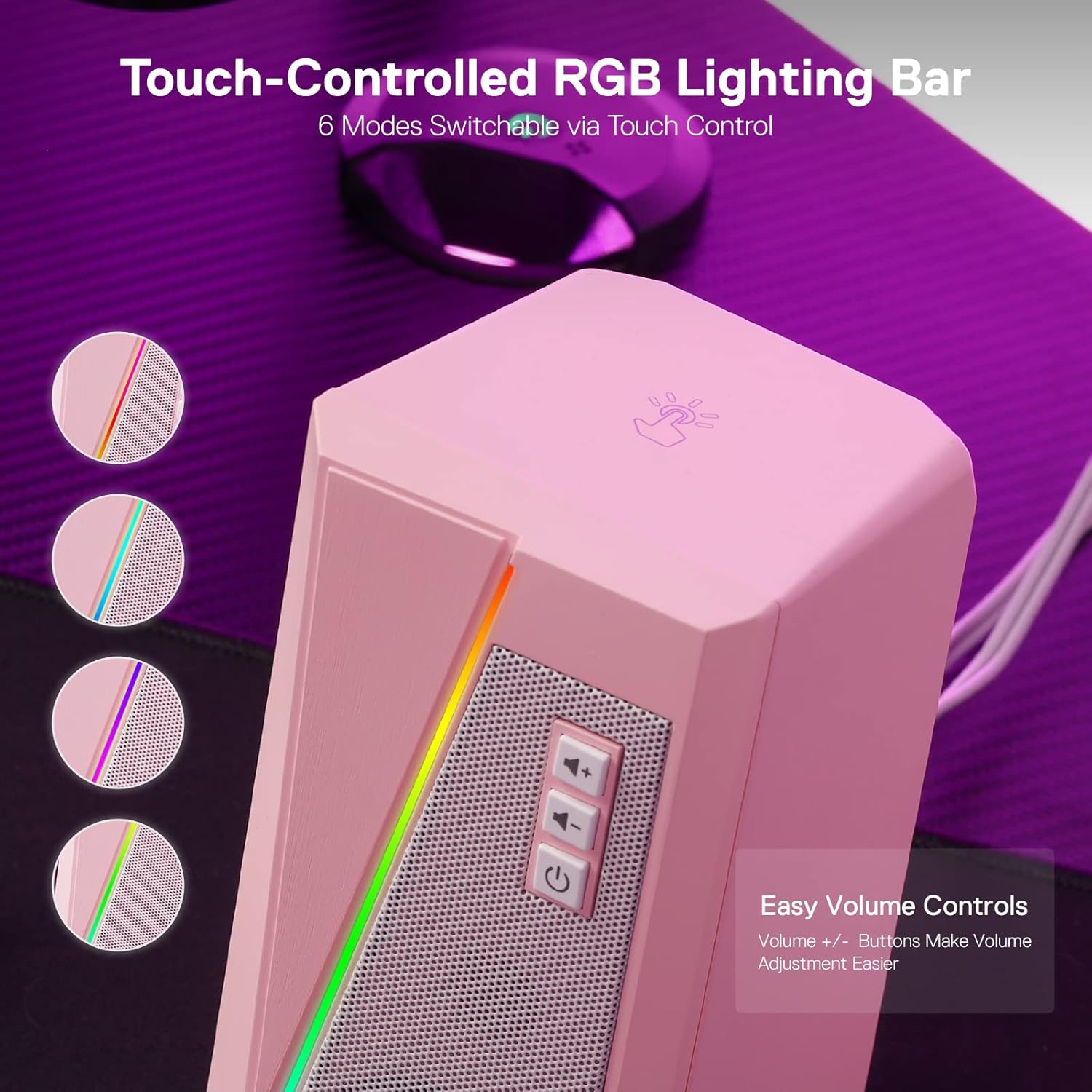 PC Speakers RGB Stereo USB Powered Desktop Audio Pink Bass