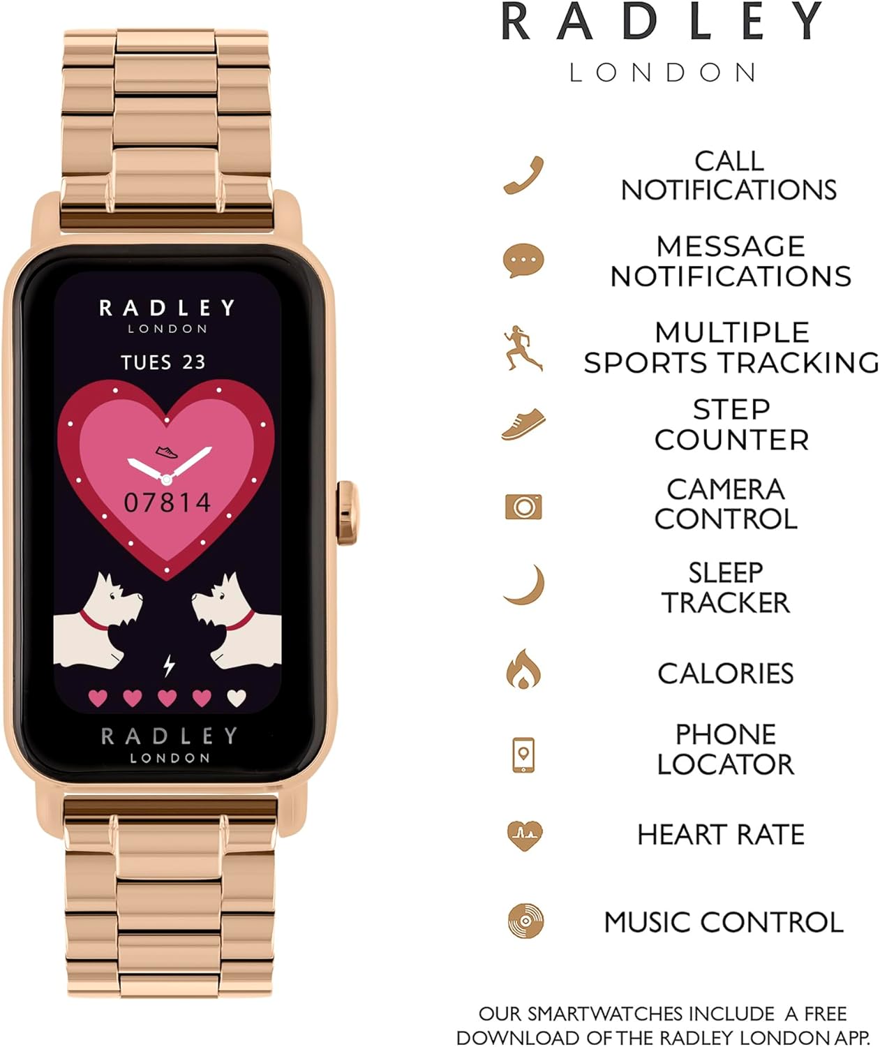 Womens Rose Gold Smart Watch Stainless Steel Strap