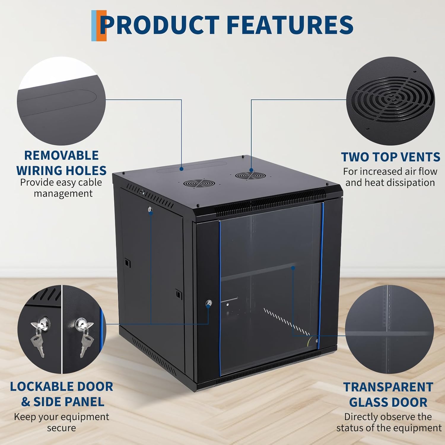12U Wall Mount Network Cabinet Glass Door 23.6 Inch Deep
