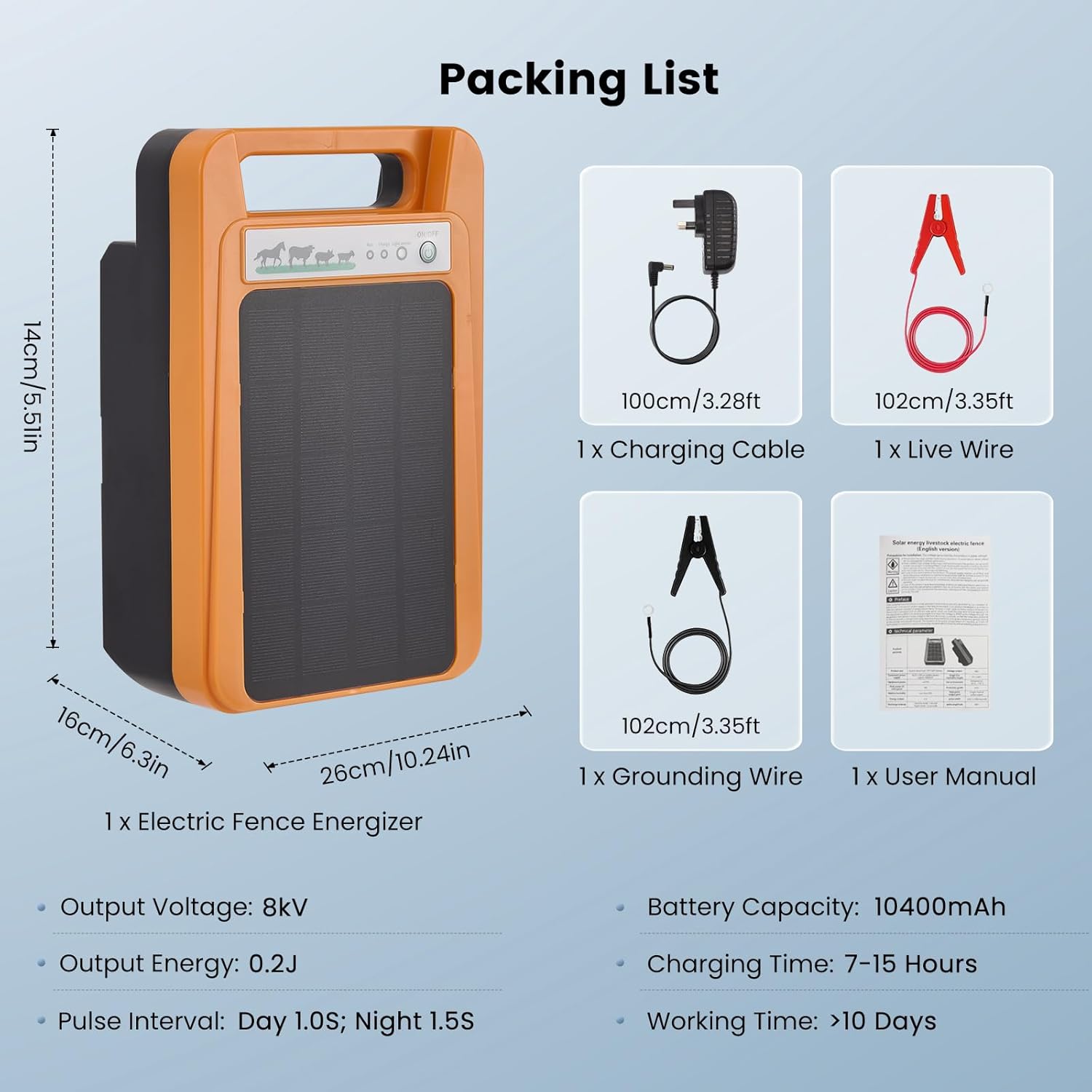Solar Electric Fence Charger 10 Mile 30 Acre 10400mAh