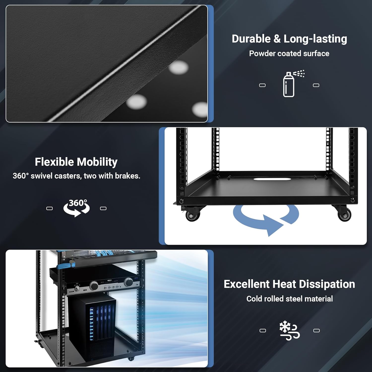 20U Open Frame Server Rack with Wheels 2 Shelves