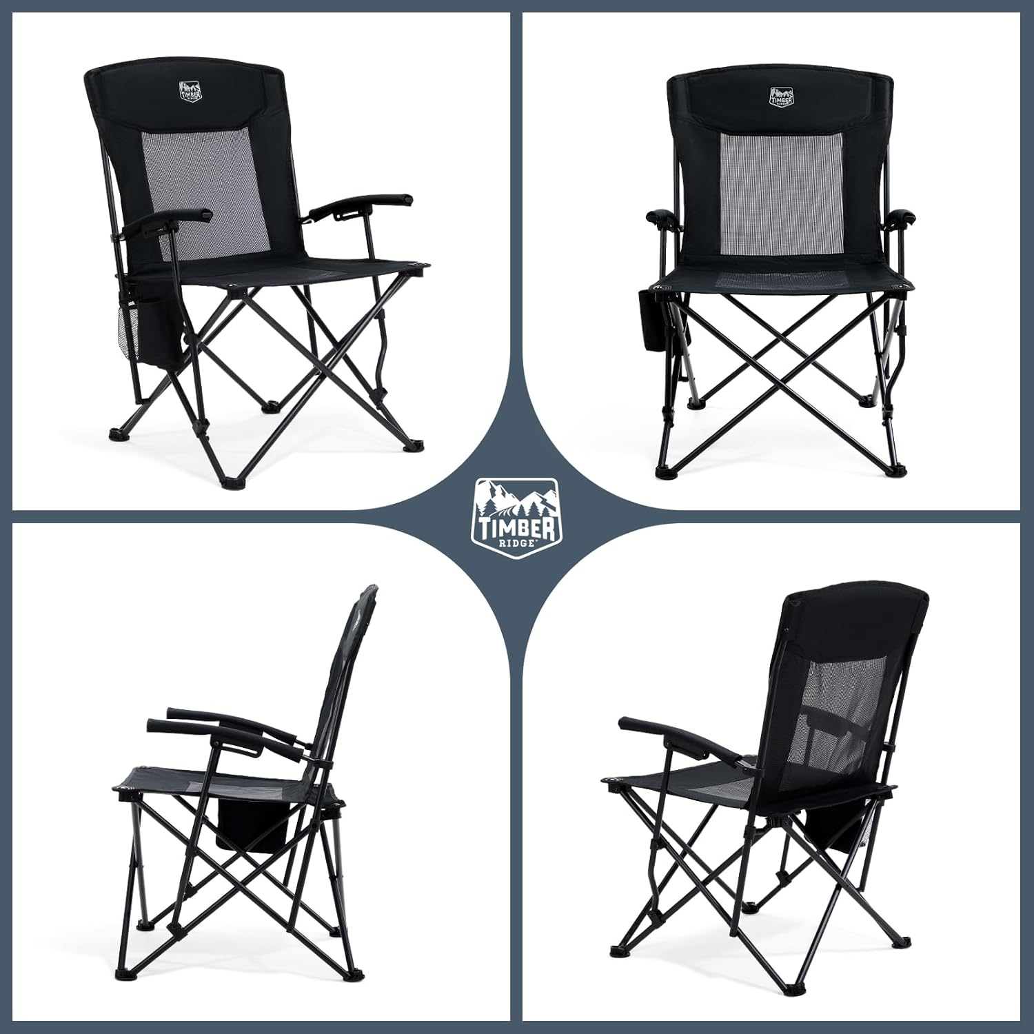 Oversized Camping Chair 150kg High Back Black Fold