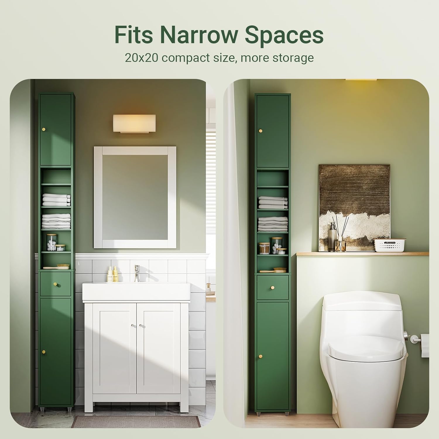 Tall Slim Bathroom Storage Cabinet Drawer Adjustable Shelves Green
