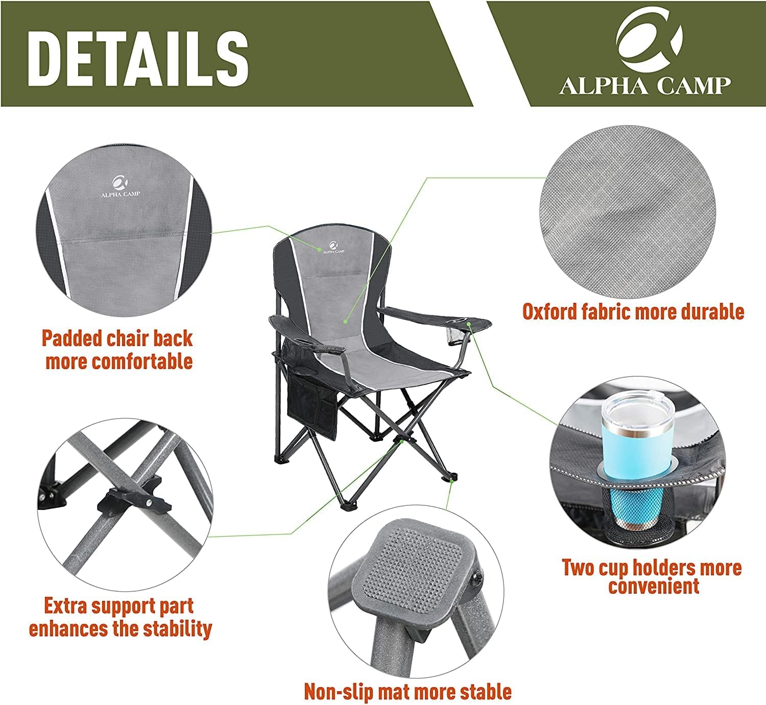 Oversized Camping Chair 160kg Heavy Duty Black Grey