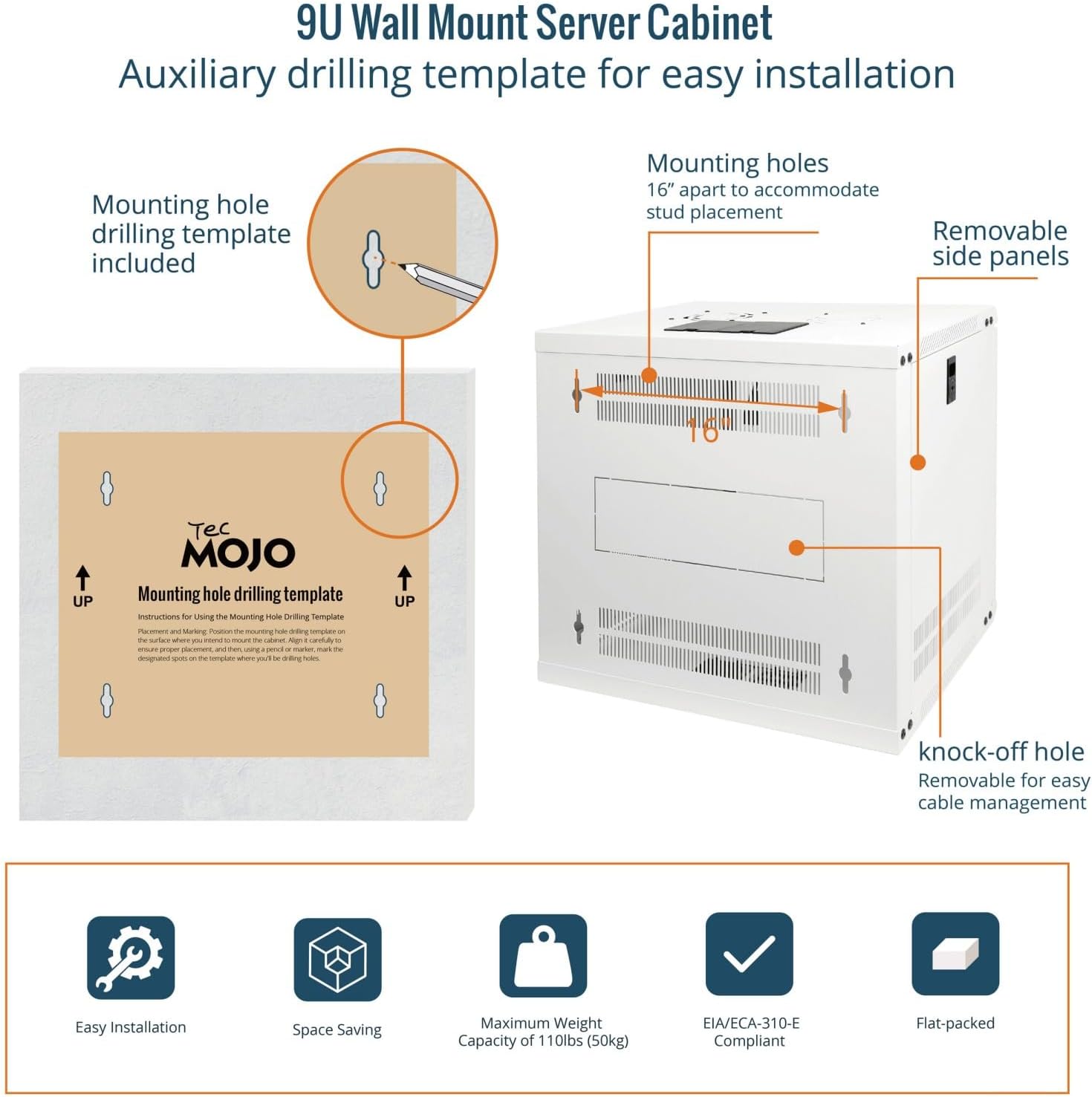 9U Wall Mount Server Cabinet 450mm Glass Door White
