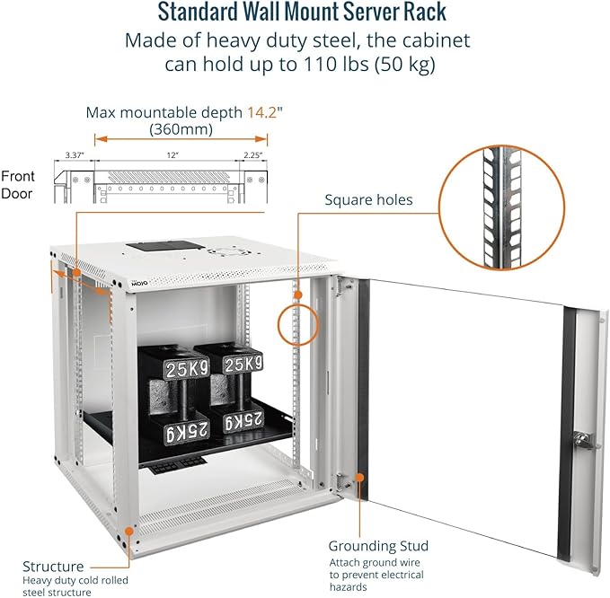12U Wall Mount Server Cabinet 450mm Glass Door White