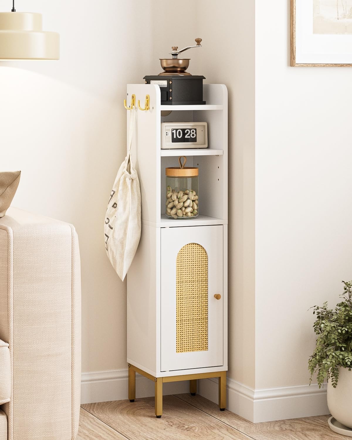Slim Tall Bathroom Storage Cabinet Waterproof White Rattan Unit