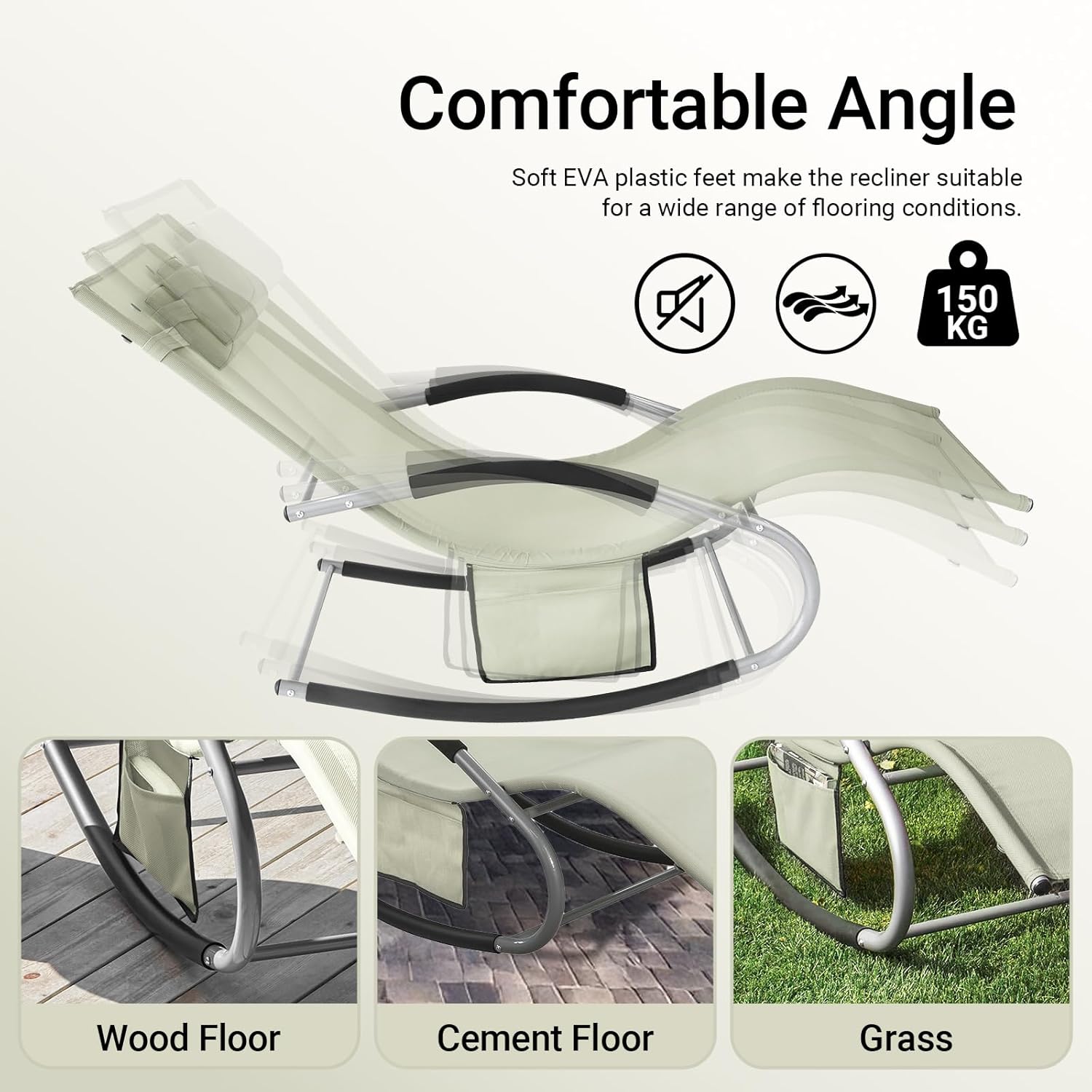 Outdoor Rocking Recliner Chair with Pillow Pocket Beige