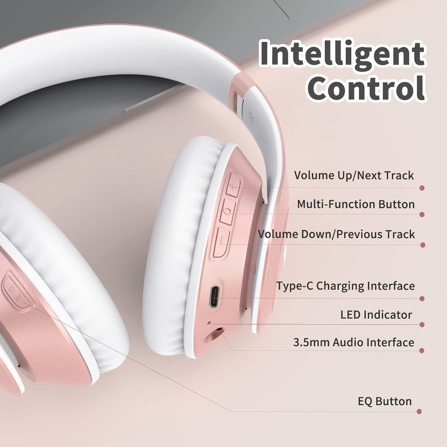 Wireless Bluetooth Over Ear Headphones 65Hr Battery 6 EQ Modes Rose Gold